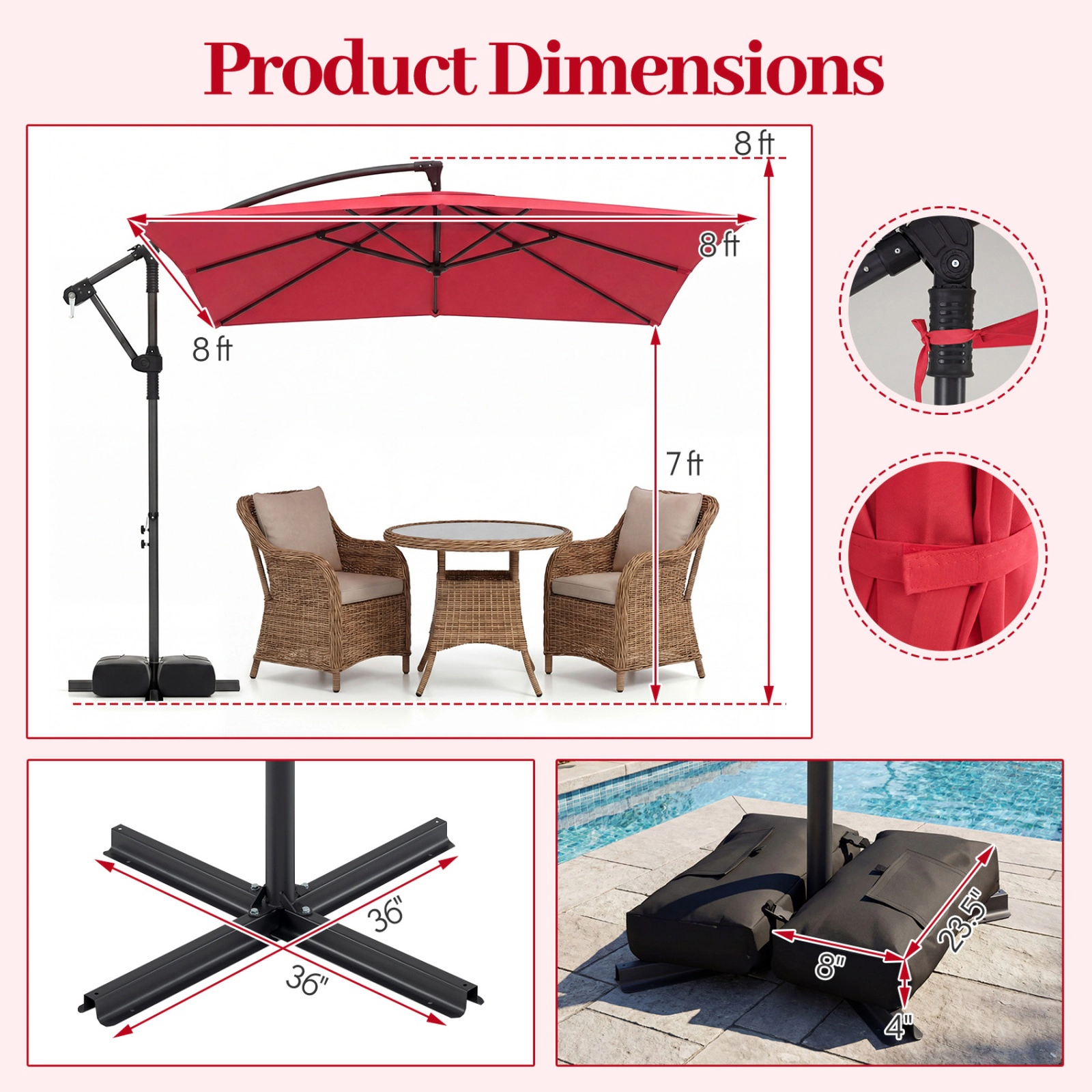 SUGIFT 8-ft Red Square Offset Cantilever Patio Umbrella with 360-Degree Rotation and Crank Lift for Deck
