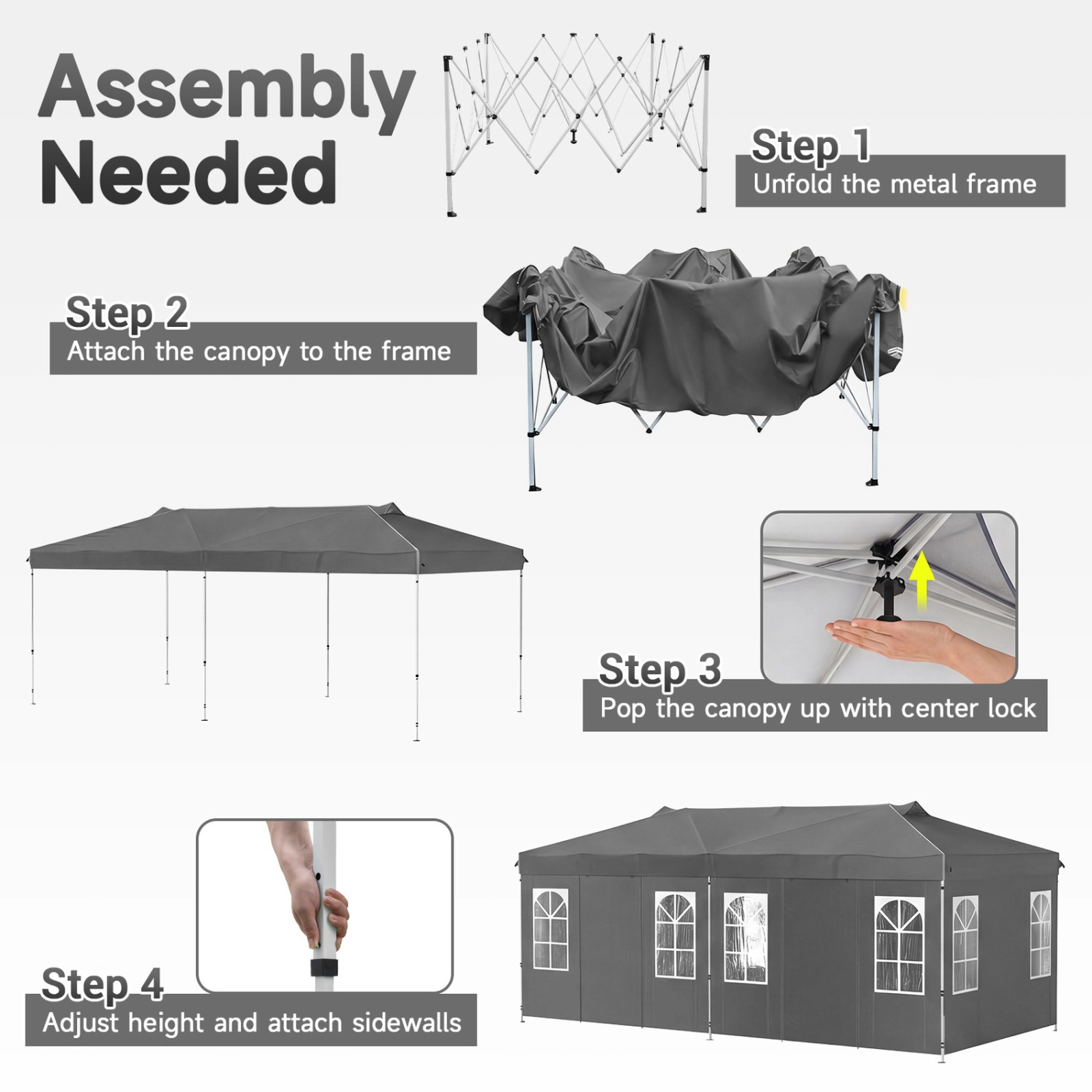 SUGIFT Pop Up Canopy Tent with 6 Sidewalls and Adjustable Height 10 x 20FT Gray