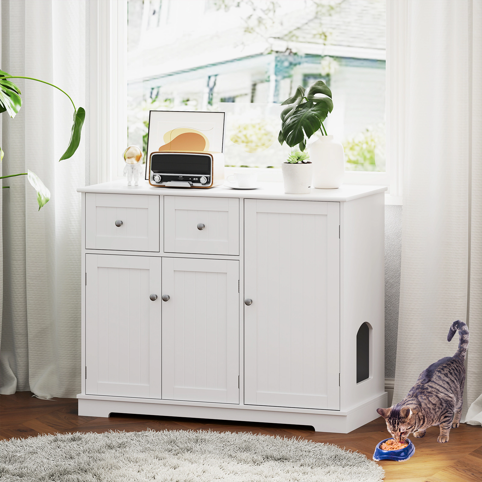 SUGIFT White Cat Litter Box Enclosure with 2 Drawers 40-in W 18-in D 31.5-in H 44-lb Countertop Capacity