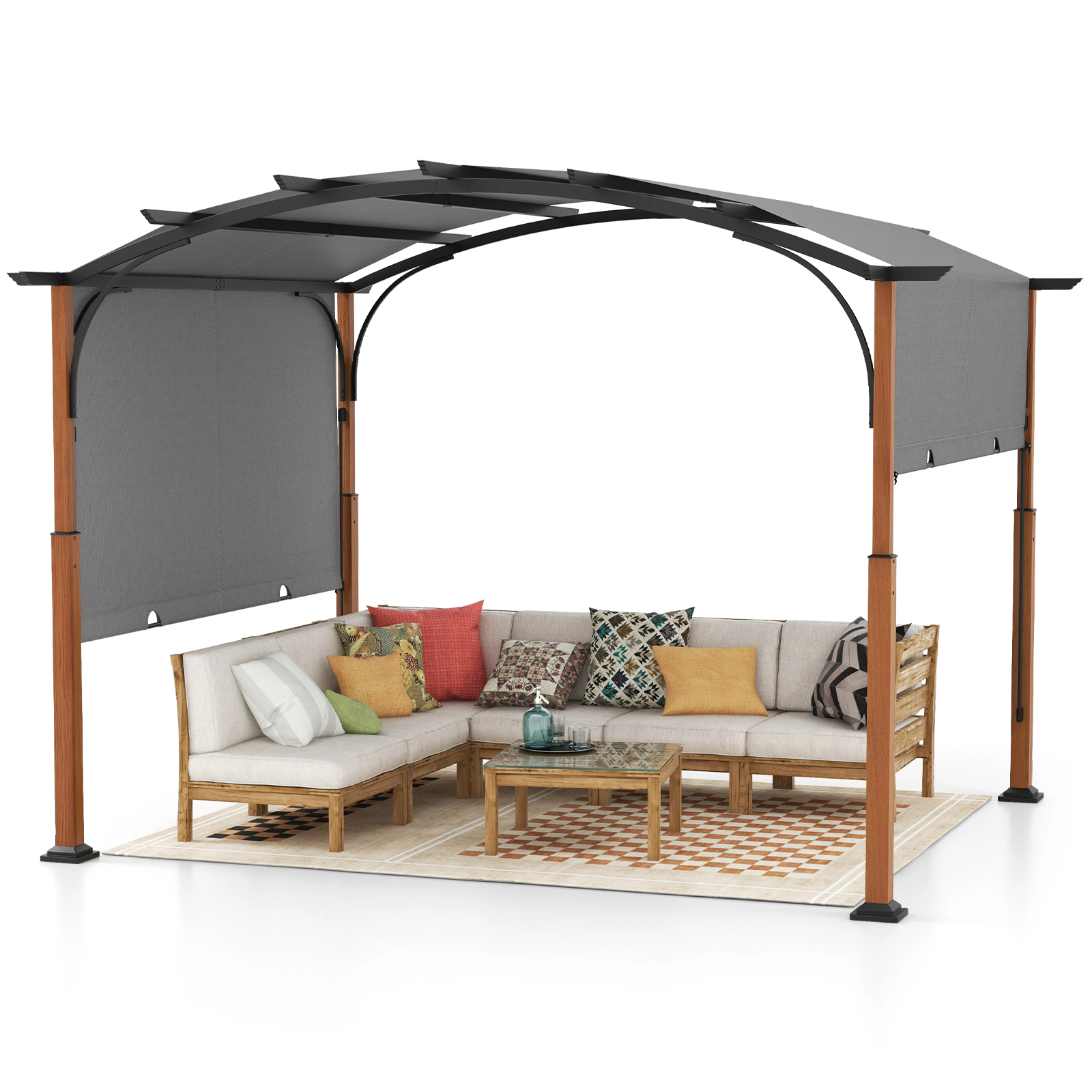 SUGIFT 10-ft x 12-ft Beige Metal Pergola with Retractable Shade Canopy and 16 Ground Nails for Backyard