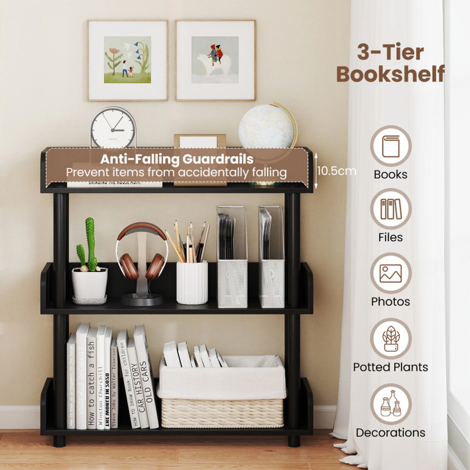 SUGIFT 3-Tier 31.5-in Wide Industrial Bookshelf Storage Organizer with Anti-Tipping Kit and Guardrails