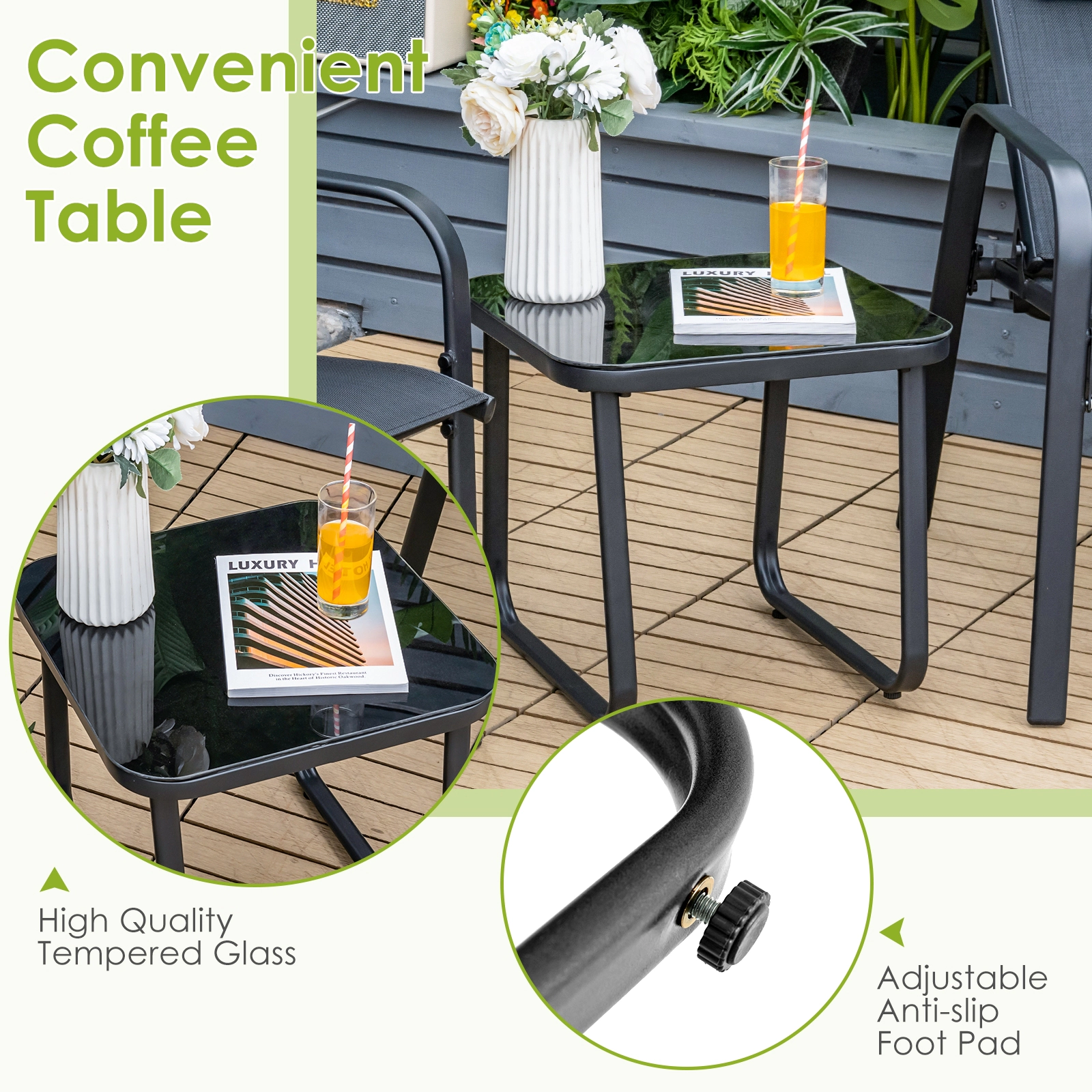 SUGIFT Black Adjustable Backrest Chairs and Glass Table 3-Piece Patio Bistro Set