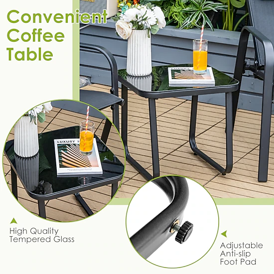 SUGIFT Black Adjustable Backrest Chairs and Glass Table 3-Piece Patio Bistro Set