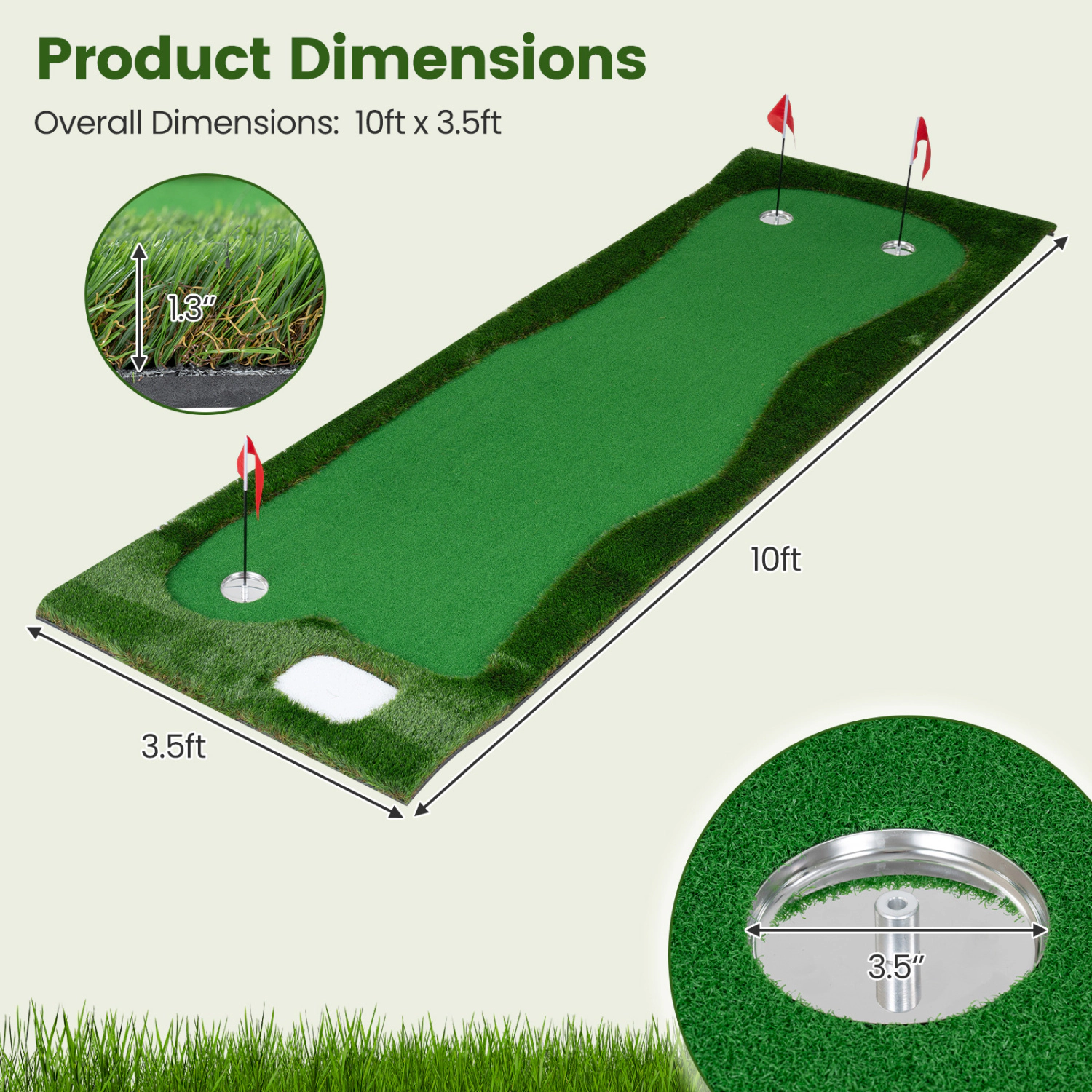 LJG 10 x 3.5ft Golf Putting Green with 3 Hole Cups and 3 Flags for Home Backyard Garage Office