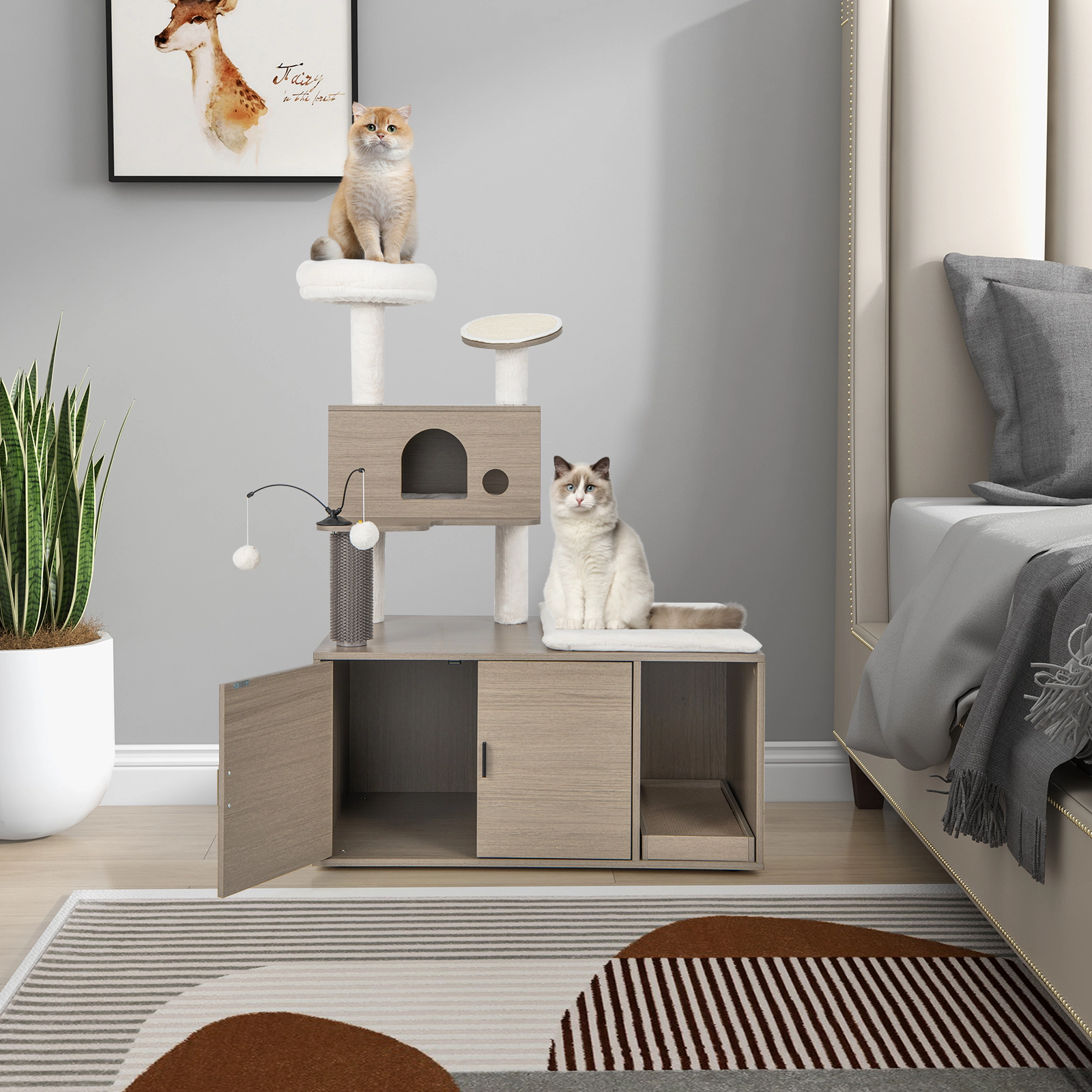 SUGIFT 2-in-1 Cat Tower Gray with Litter Box Enclosure Condo and Scratching Board