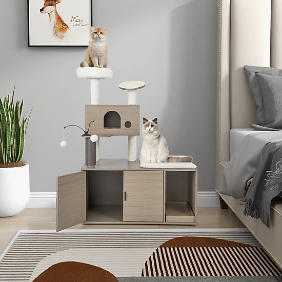 SUGIFT 2-in-1 Gray Cat Tree Tower with Litter Box Enclosure Condo and Scratching Board 37.5-in W 52-in H