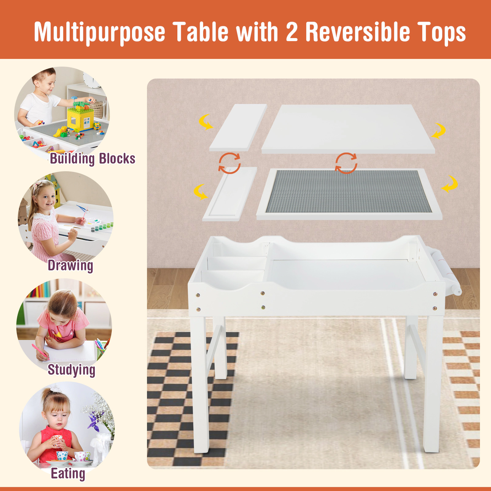 SUGIFT Wooden Kids Multi Activity Play Table with Double-Sided Tops Storage and 9.8-ft Paper Roll Ages 3+ Natural White
