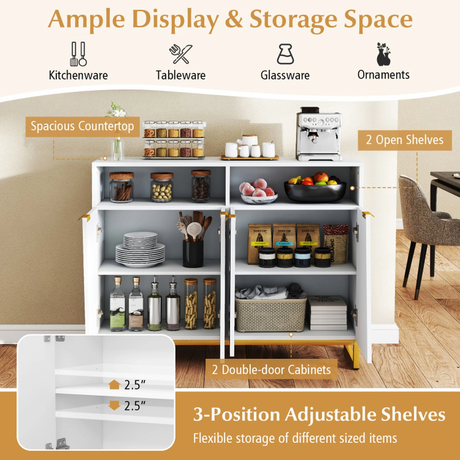 SUGIFT 4-Door Diamond Textured Gold Handles Modern Sideboard Cabinet 40-in x 12-in x 32-in 220-lb Capacity White