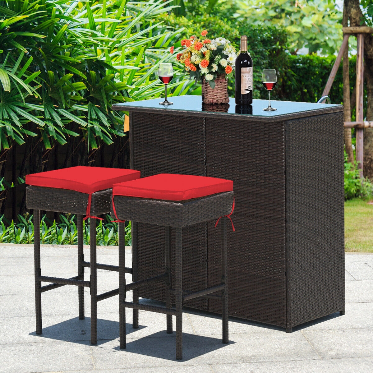 LJG 3PCS Patio Rattan Wicker Bar Table Stools Dining Set