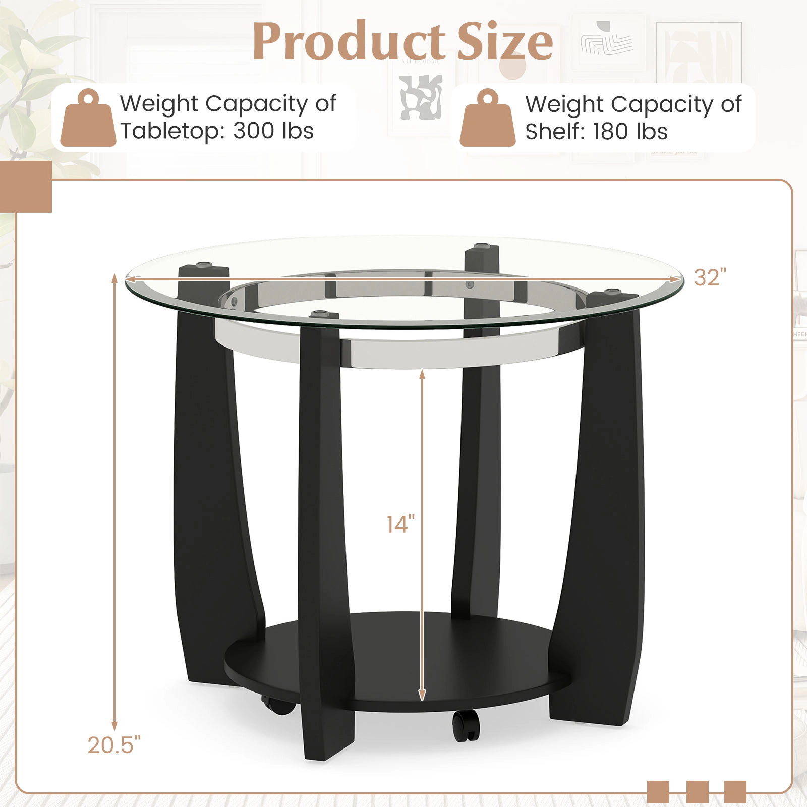 SUGIFT 2-Tier Round Tempered Glass Top Wood Legs 4 Wheels Coffee Table 32-in x 32-in x 20.5-in 300-lb Capacity Black