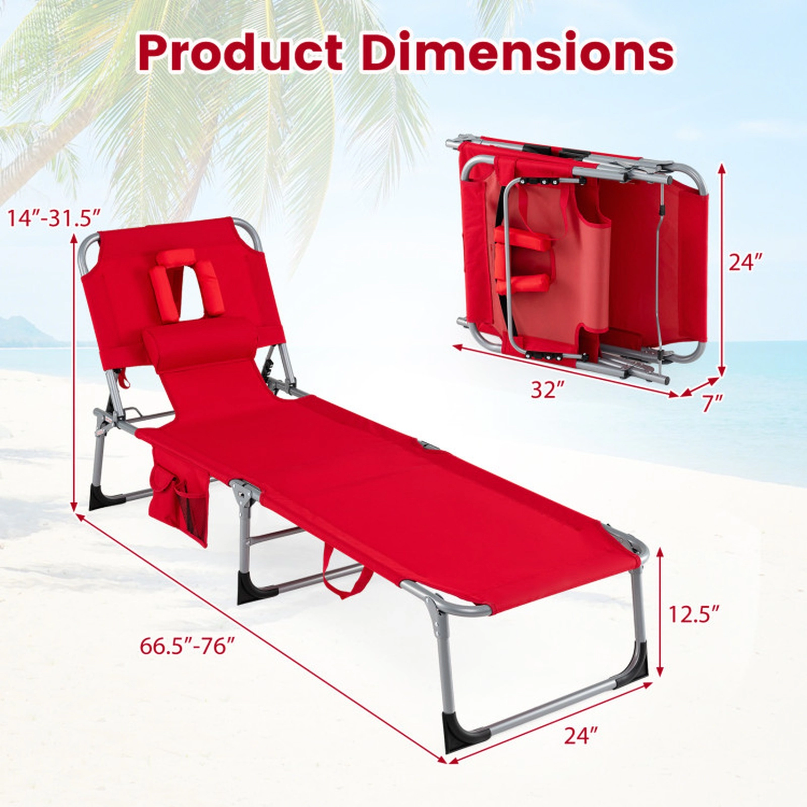 SUGIFT Adjustable Folding Tanning Chair with Face and Arm Holes 330-Lb Capacity 76-in Frame Oxford Cloth with Pillow