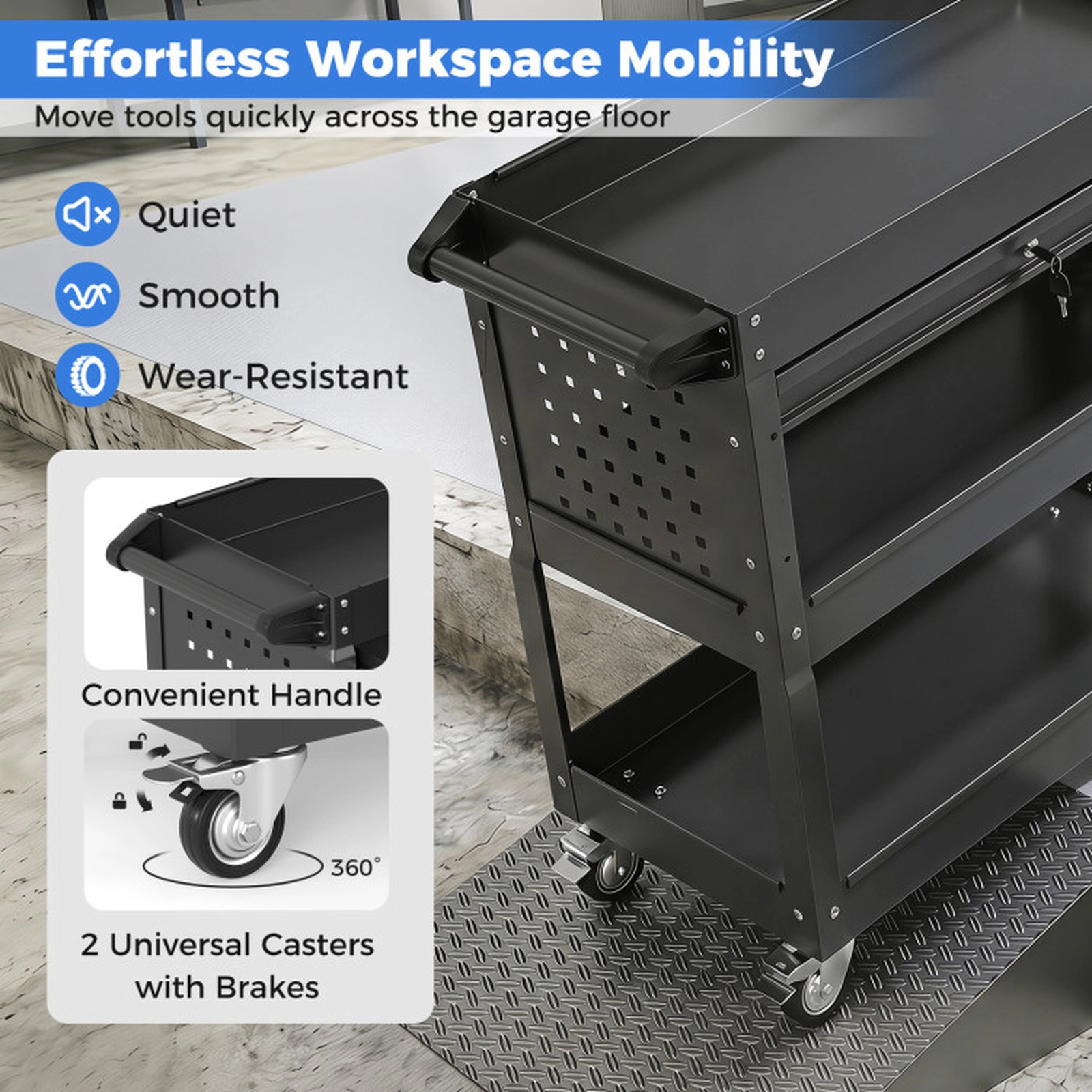 SUGIFT 3-Tier 350-lb Capacity Rolling Tool Cart with Lockable Ball-Bearing Drawer 2 Pegboards and 4 Hooks