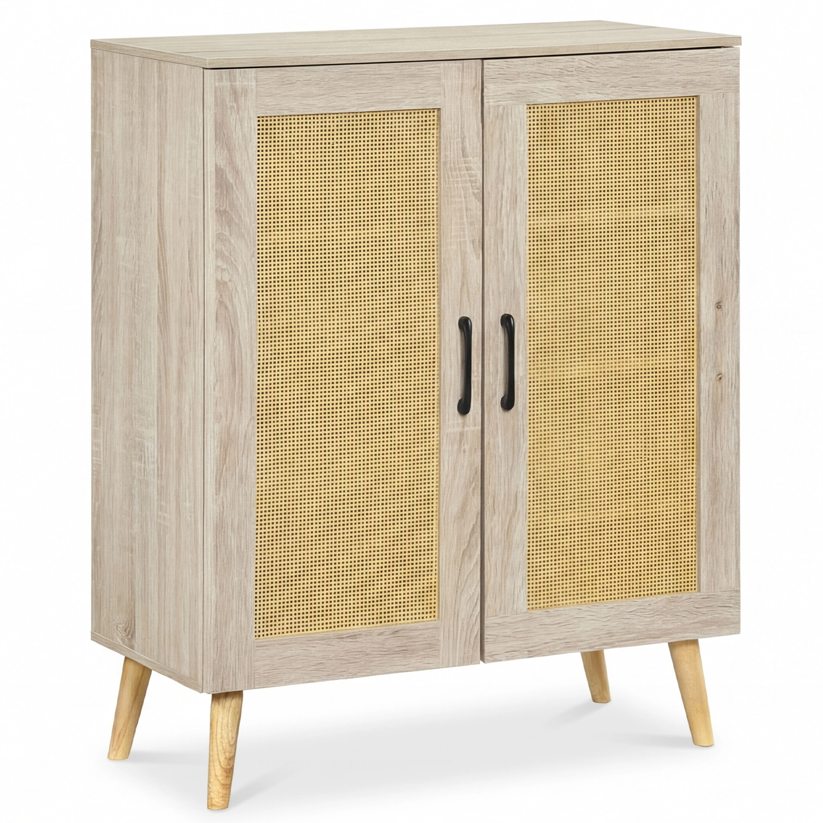 SUGIFT Natural 3 Removable Shelves and Rubber Wood Legs 5-Tier Rattan Shoe Cabinet