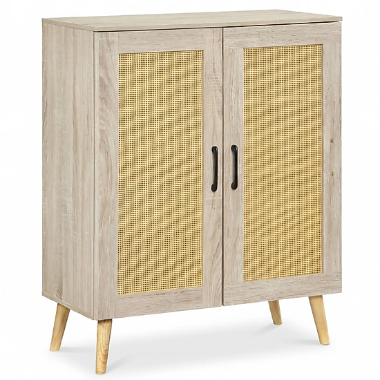 SUGIFT 5-Tier Natural Rattan Shoe Rack Cabinet with 3 Removable Shelves and Rubber Wood Legs 155-lb Top