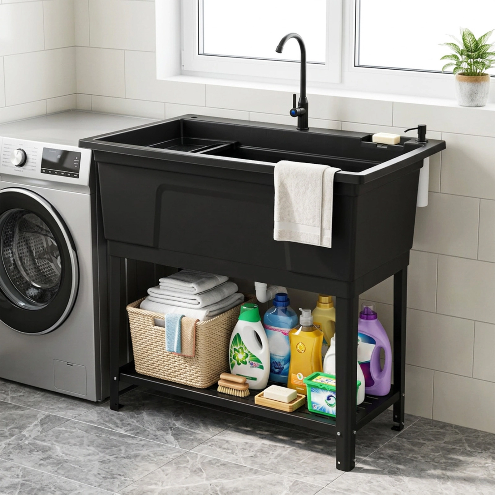 SUGIFT Freestanding Rotating Faucet Storage Shelf Utility Sink Laundry Tub 40-in x 23.5-in x 48-in 155-lb Basin Black
