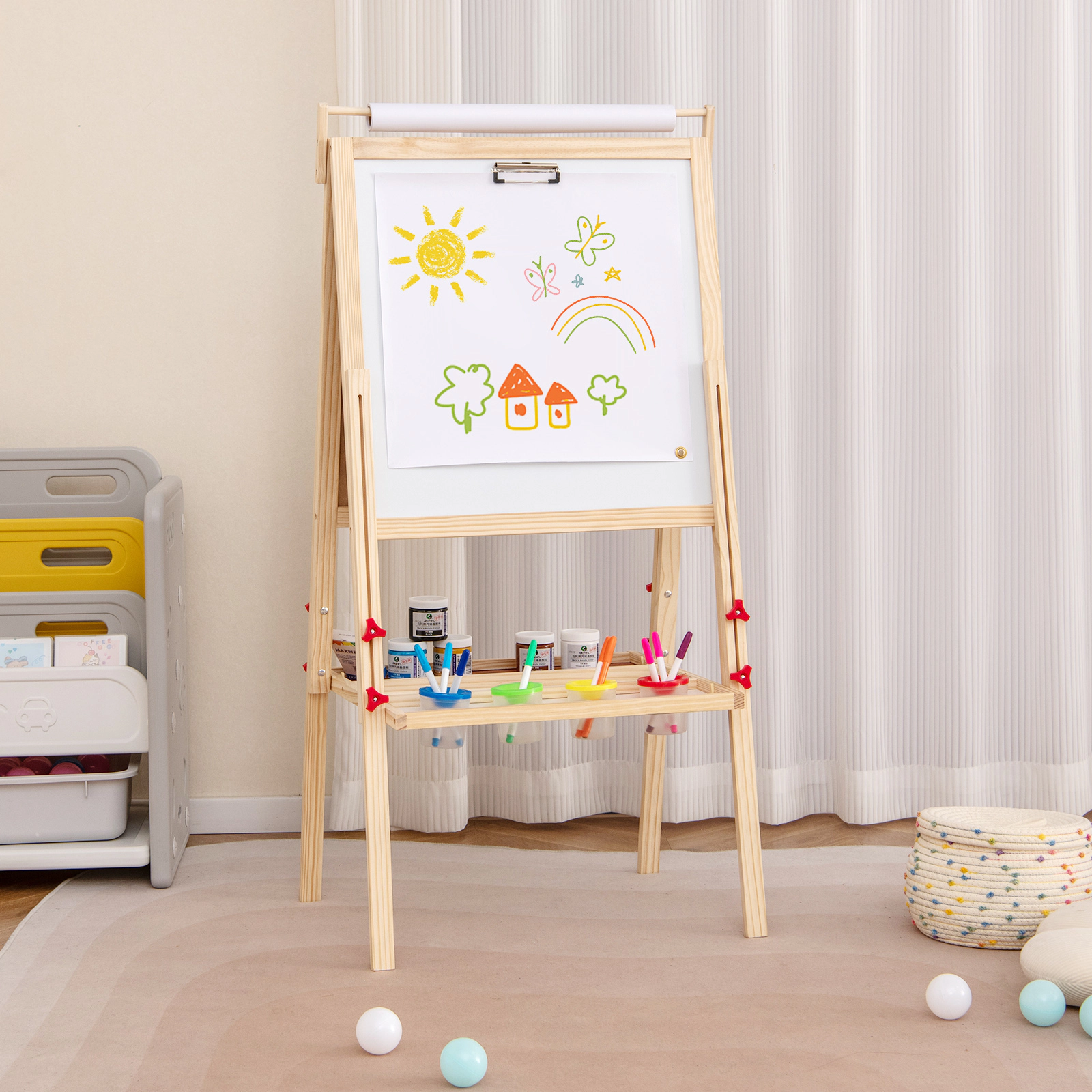 Height Adjustable Double-Sided Toddler Art Easel Kids 3 to 10 with 4 Paint Cups 19.5-in Board 17.5-in Paper Roll