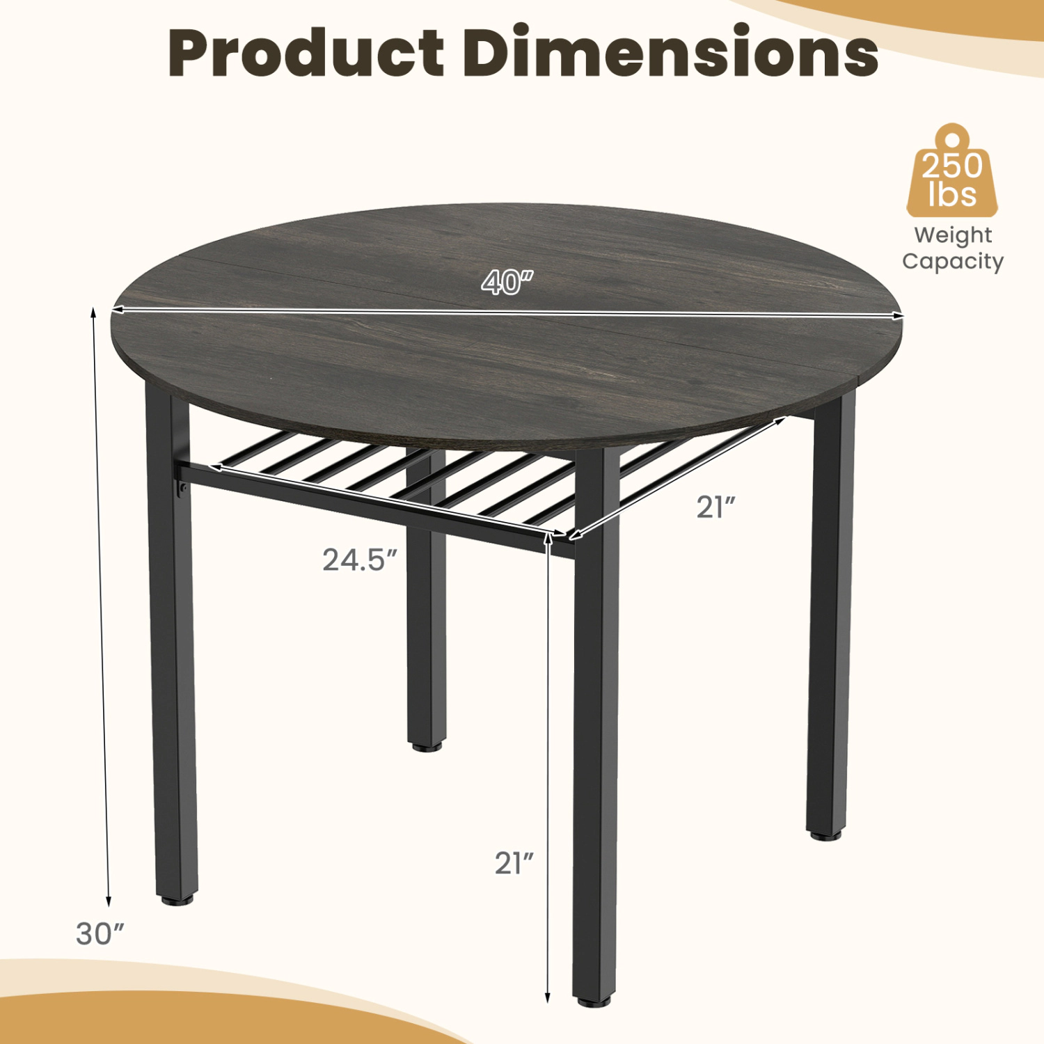 LJG 40" Round Kitchen Table with Storage Shelf and Metal Frame for 4 People