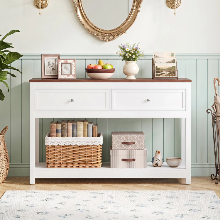 Hivvago Farmhouse Console Table With 2 Drawers & Open Storage Shelf
