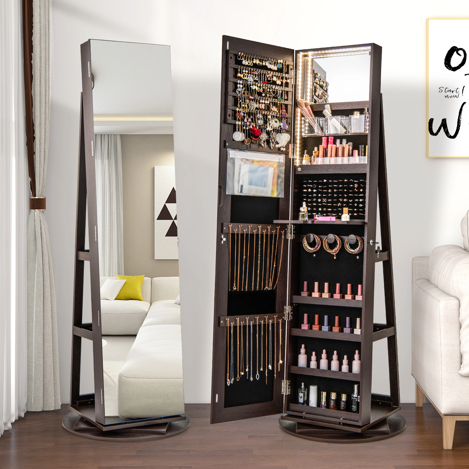 SUGIFT 360 Degree Rotating Jewelry Armoire Lockable Cabinet with LED Lights and Mirror