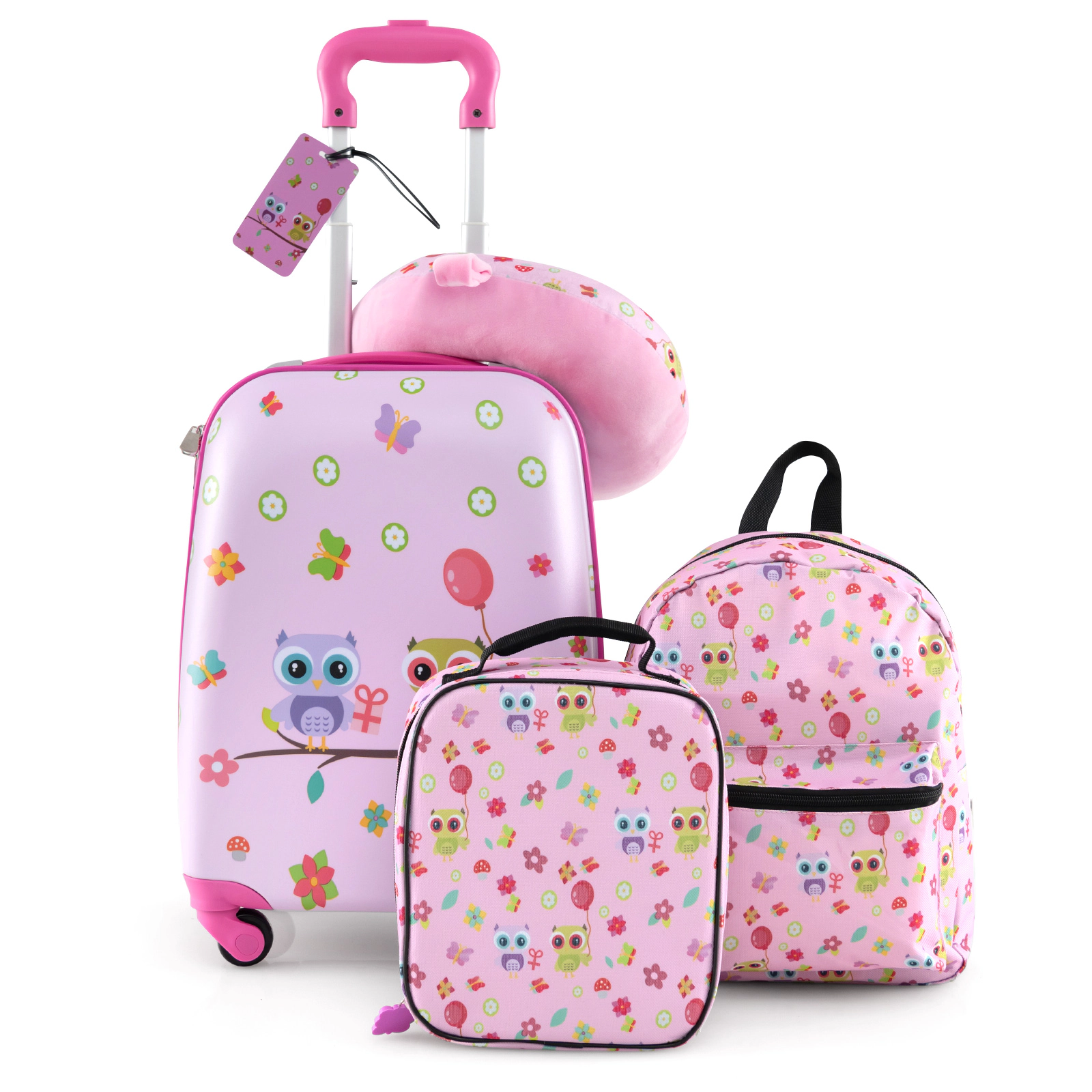 SUGIFT Kids 5-Piece Backpack Neck Pillow Lunch Bag Name Tag Hardshell Luggage Set 15-in x 12-in x 29-in Pink
