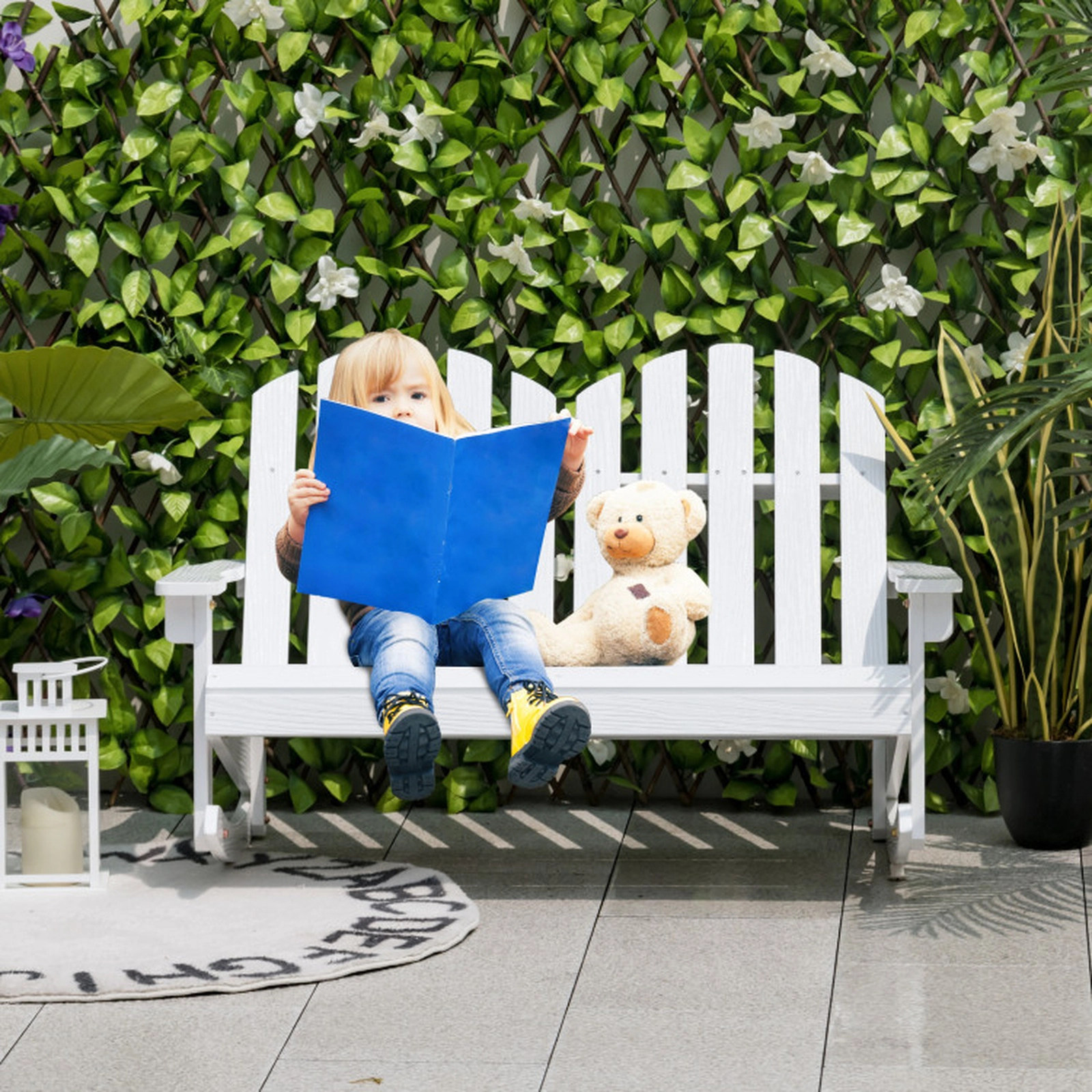 SUGIFT 2 Person Fir Wood Adirondack Rocking Chair with Slatted Seat 220-lb Capacity White