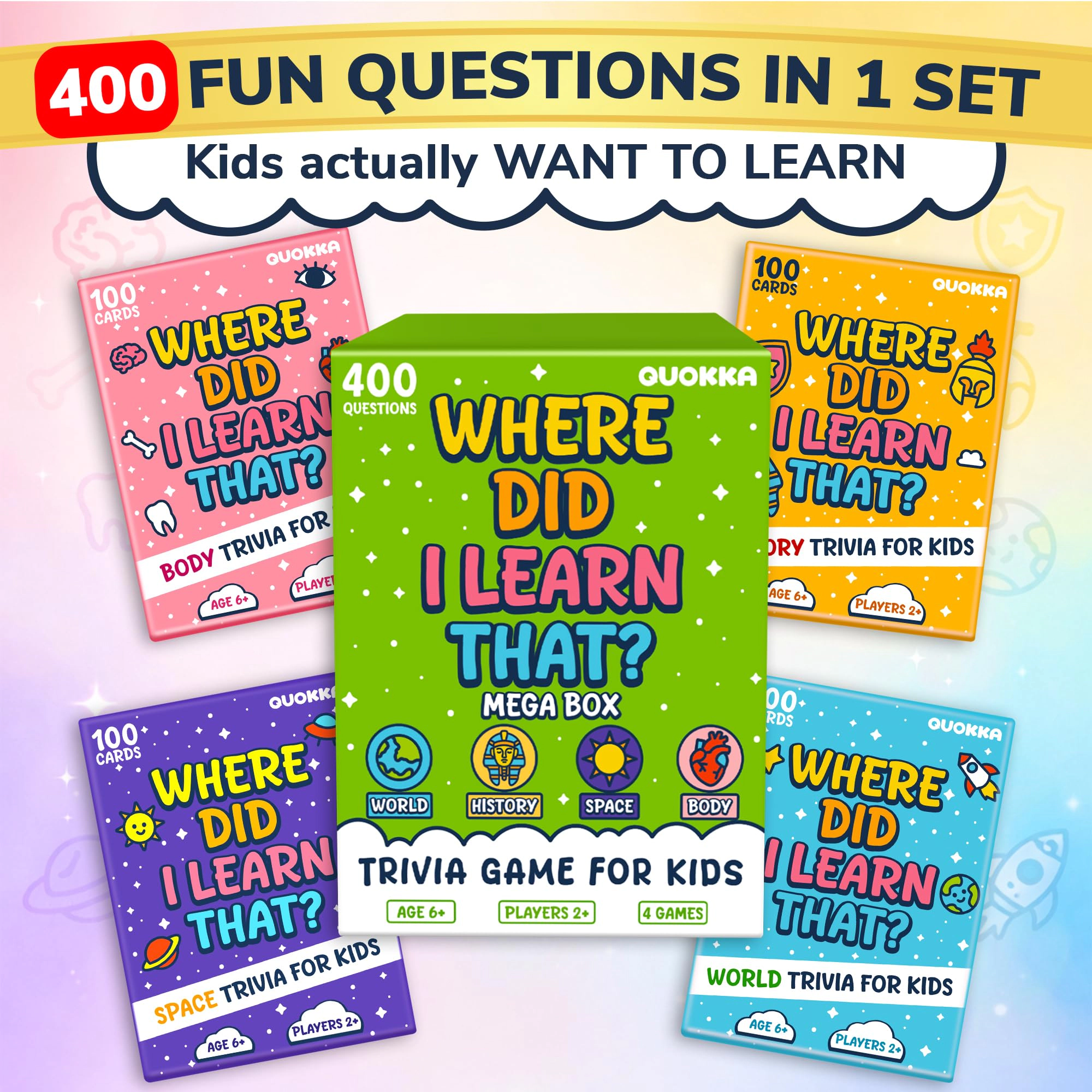 QUOKKA Kids Trivia Card Game Set Ages 6-12, World Geography, Space, History and Human Body Topics