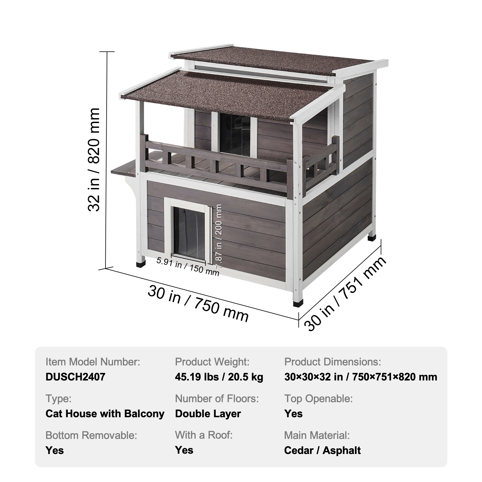 HONGGE 2-Story Wooden Outdoor Cat House, 30 x 30 x 32 in Weatherproof Feral Cat Shelter with Balcony and Open Roof