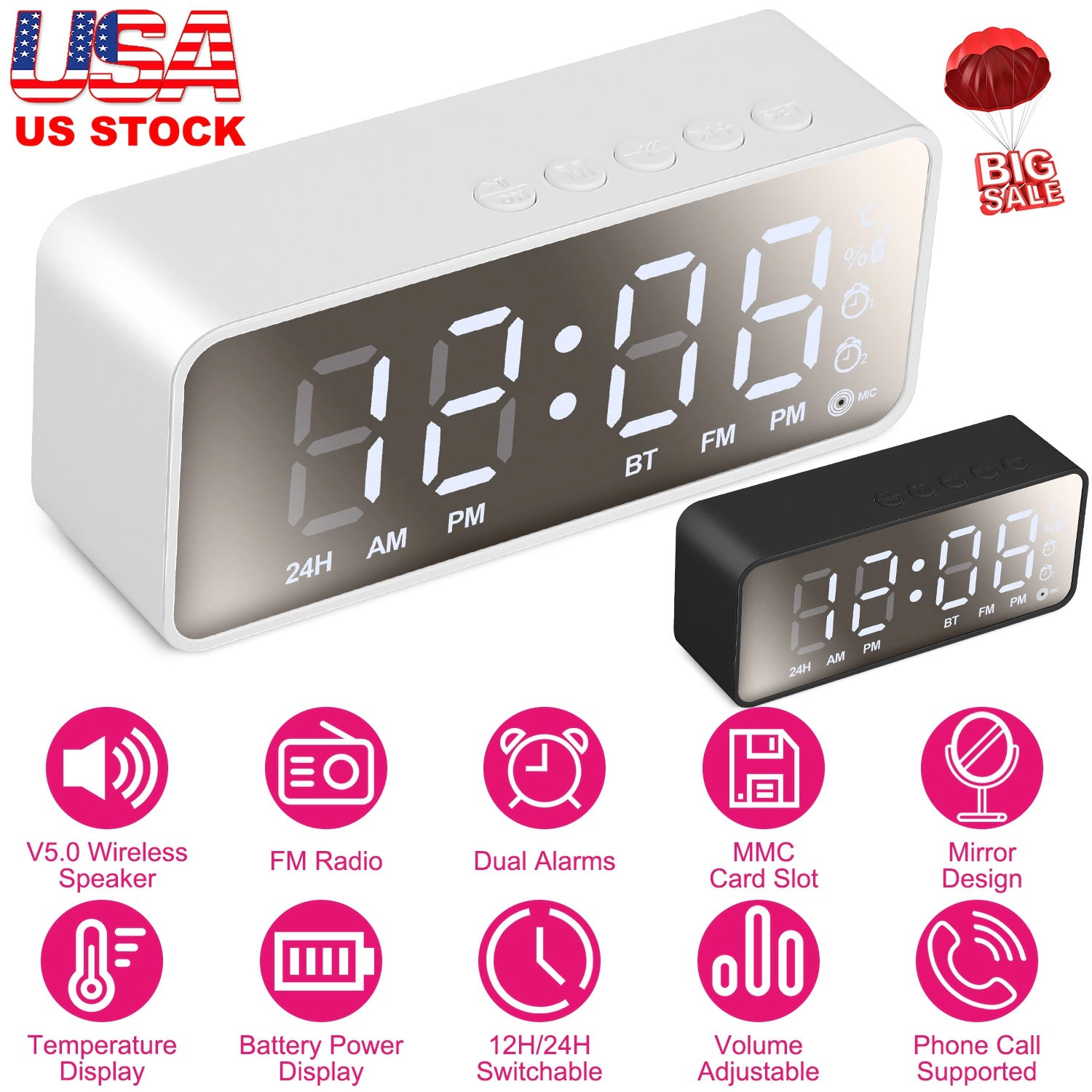 GBruno Mirror Digital Alarm Clock With FM Radio Speaker