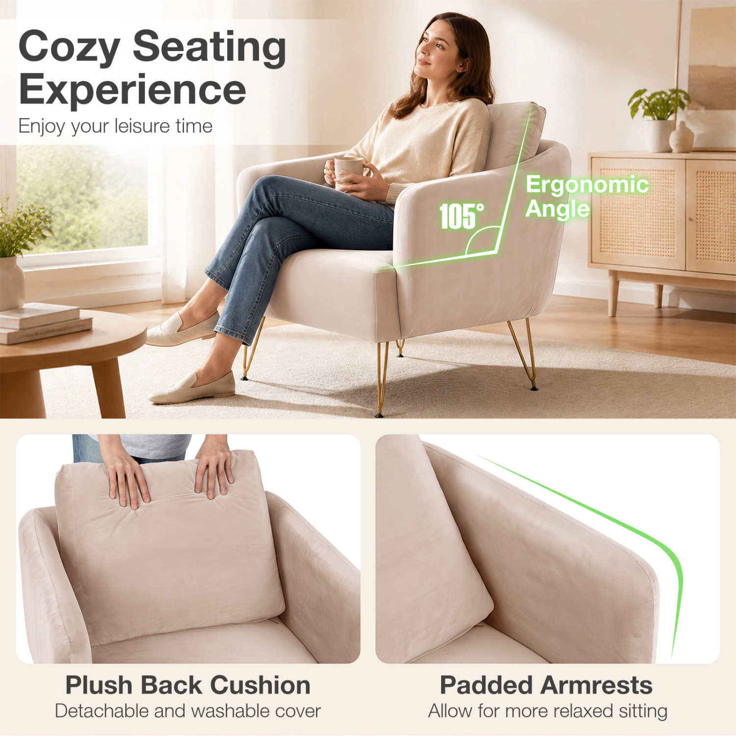 LJG Modern Accent Chair with Back Cushion & Golden Metal Legs for Living Room Bedroom