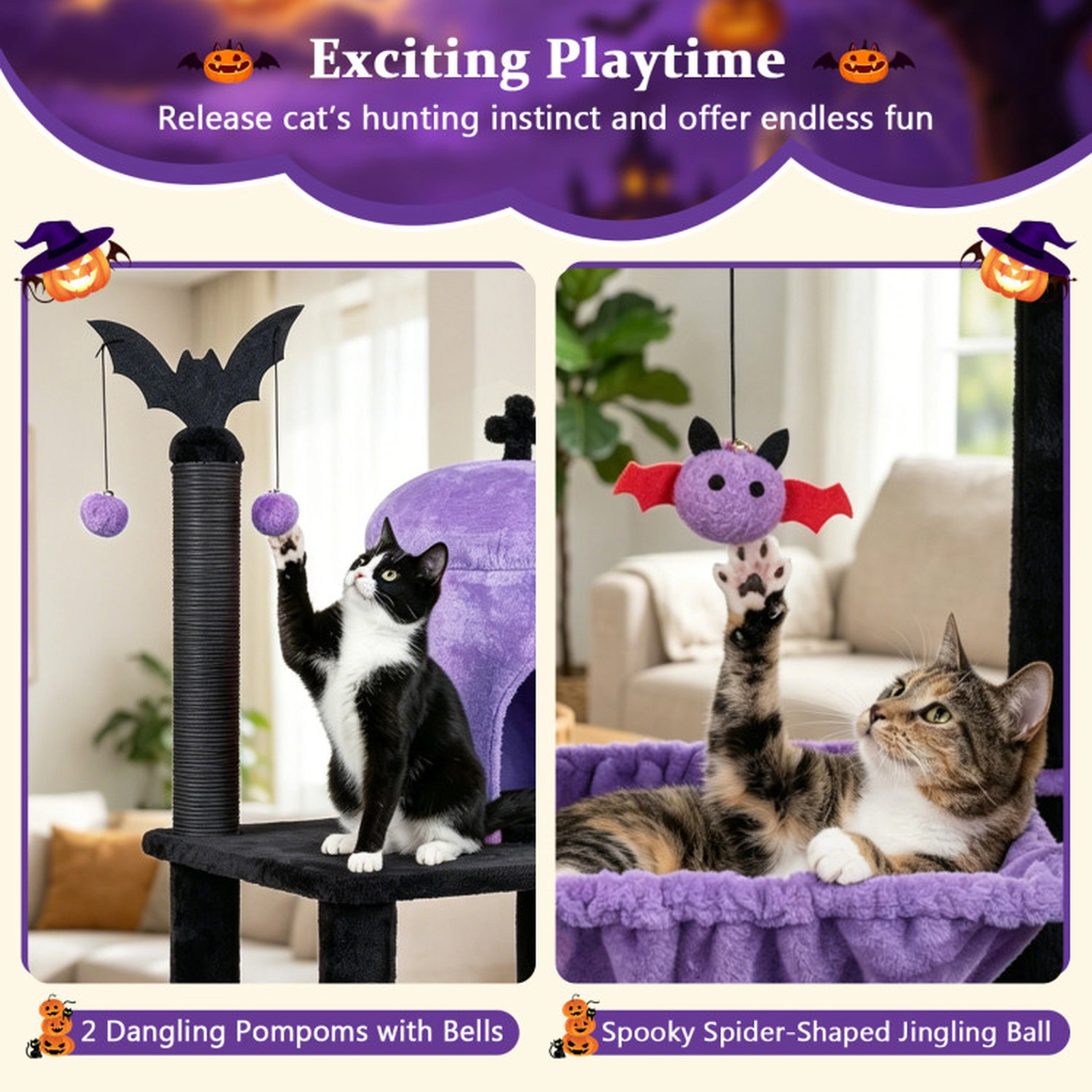SUGIFT 51-in Gothic Multi-level Cat Tree with Castle Condo Hammock and Spider Toy 22-lb Capacity Purple & Black