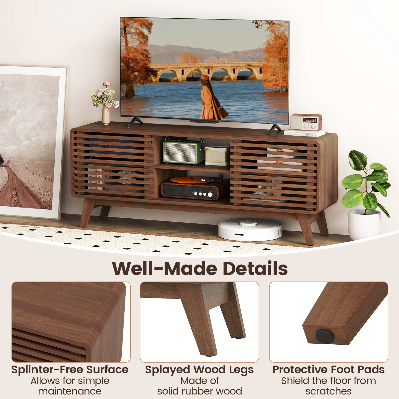 SUGIFT Walnut TV Stand for TVs up to 65 in, 220 lb Top Capacity, Sliding Door Cabinets