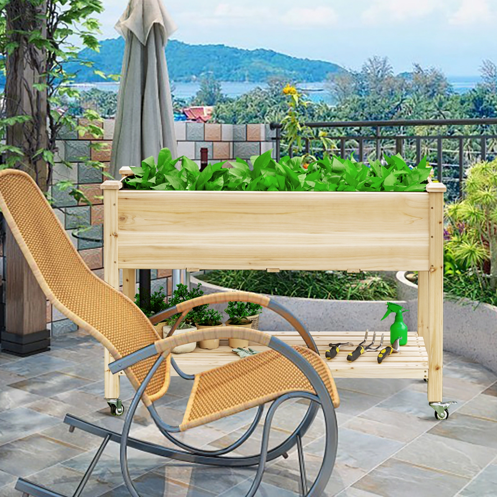 SUGIFT Wood Elevated Pine Planter Bed with Lockable Wheels Shelf and Liner 132-lb Planter Box Capacity Natural