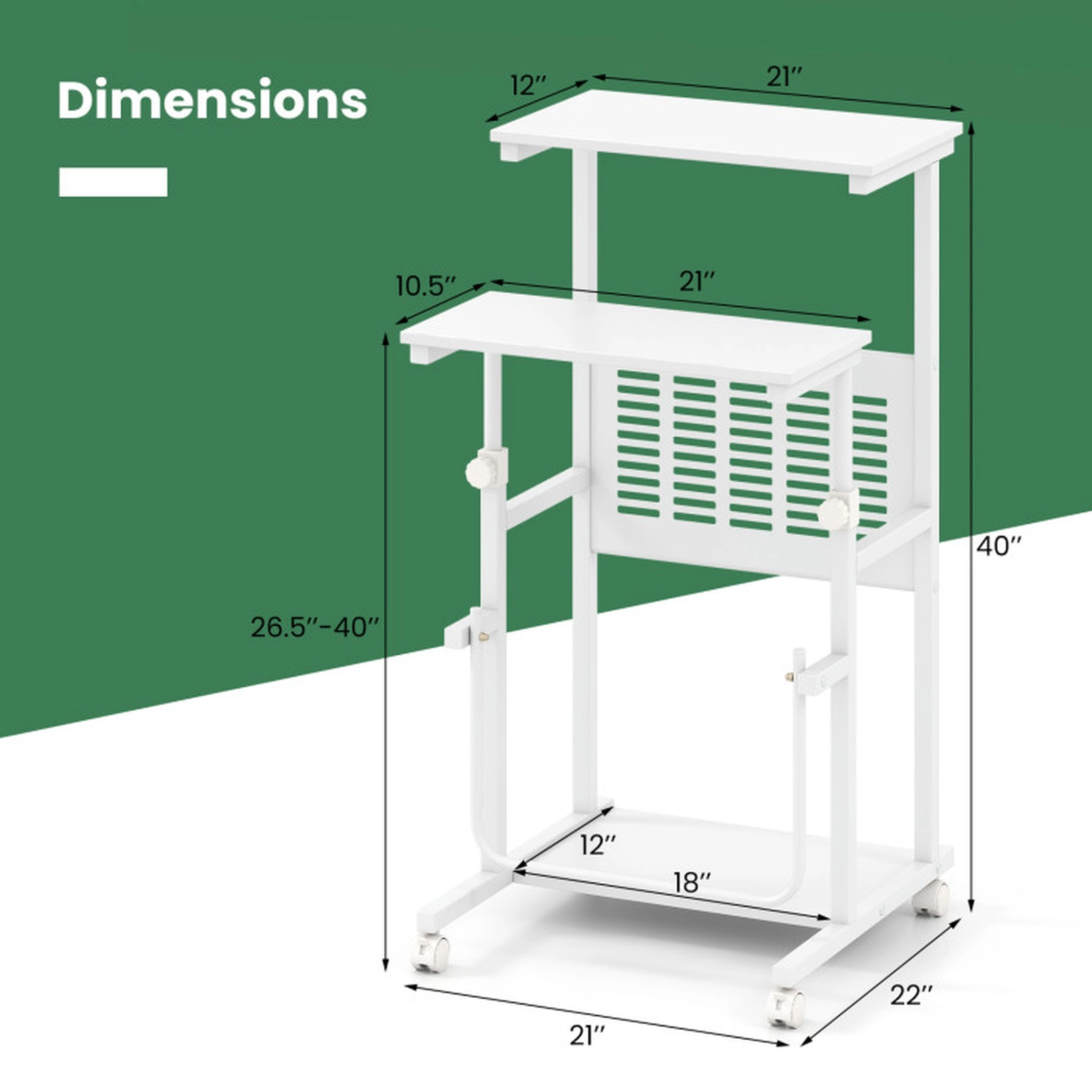 SUGIFT Height Adjustable 4 Wheels Bottom Shelf Mobile Stand Up Computer Desk 22-in x 21-in x 27-in to 38.5-in White