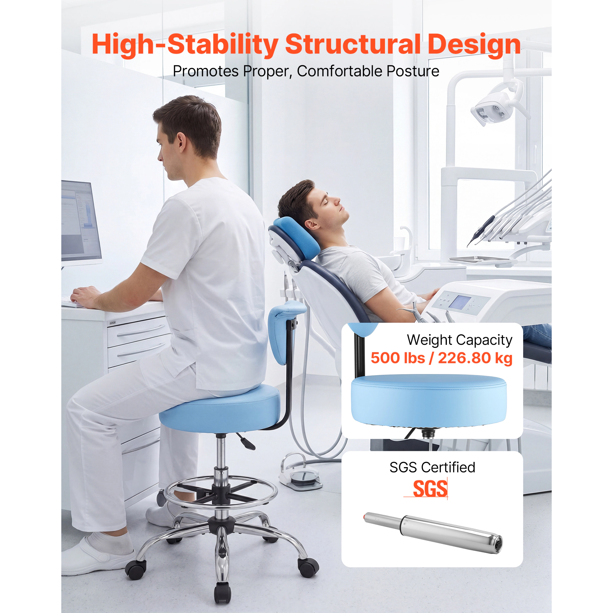HONGGE Height-Adjustable Rolling Office Stool with Backrest, 360 Swivel PU Leather Seat, 500 lbs Capacity, Blue