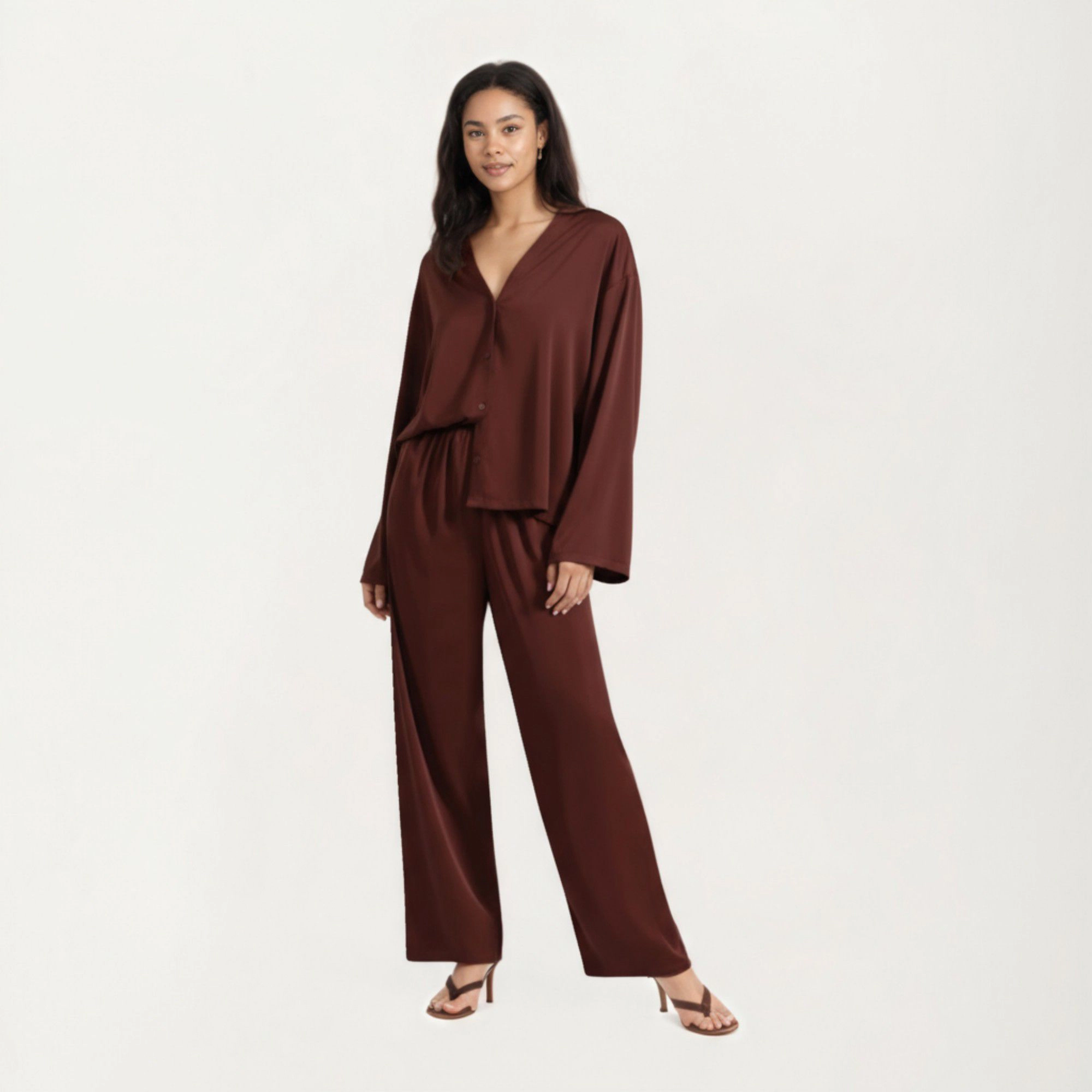 Anna-Kaci Women's 2-Piece Satin Long Sleeve V-Neck Button Front Top and Relaxed Fit Pants