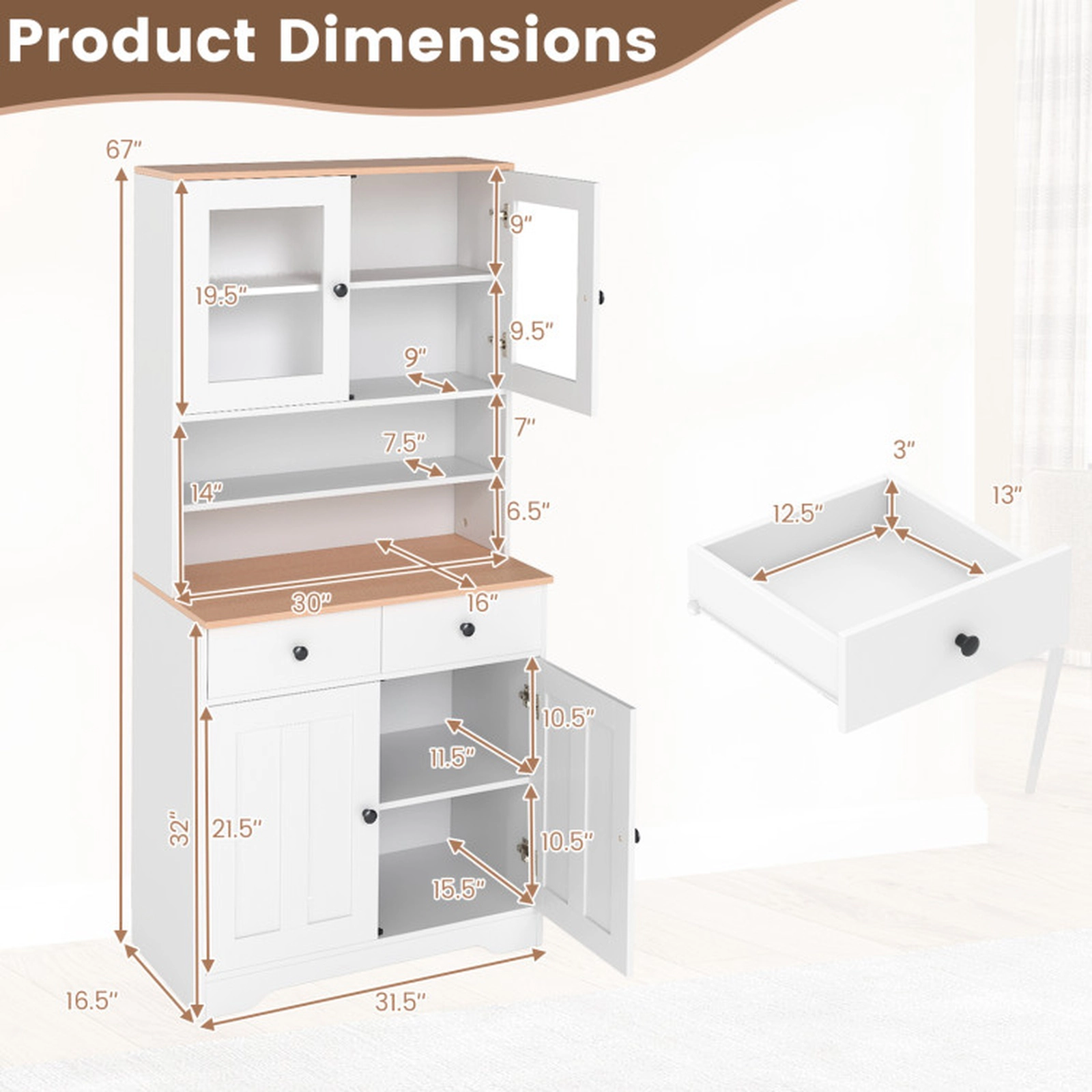 SUGIFT Adjustable Storage Pantry Cabinet Sideboard with 2 Shelves 67-in Tall Black/White Engineered Wood and Glass