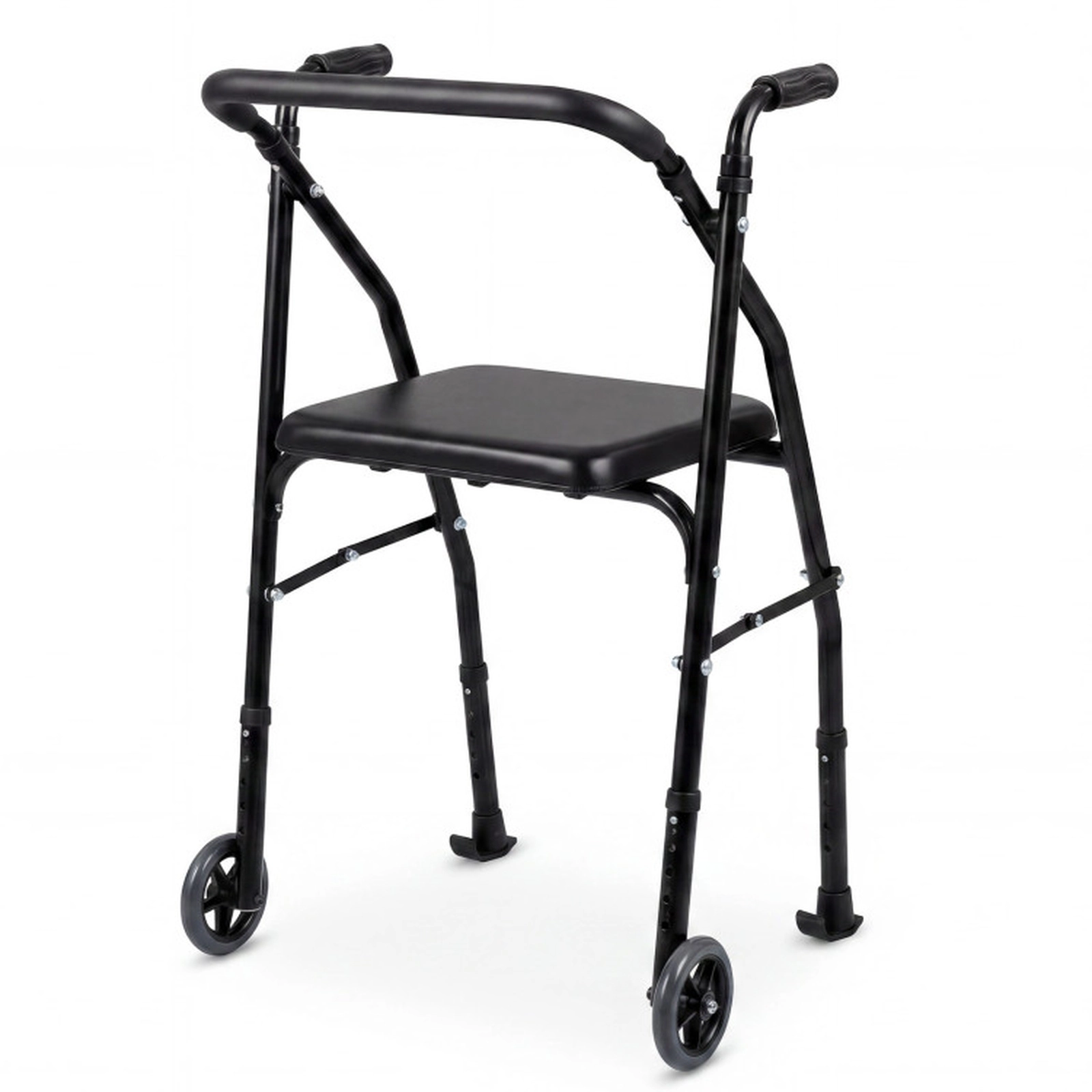 SUGIFT Black Folding Walker with Padded Seat 2 Wheels and 5-Level Handles 24-in W 21-in D 220-lb Seat Capacity