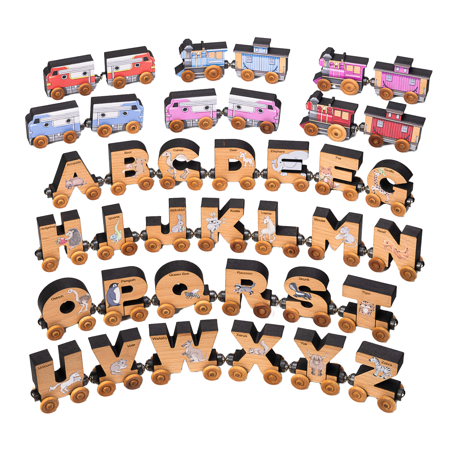 Wooden ABC Magnetic Letter Train Set with Organic Cotton Bag - Cherry Wood - Made in USA