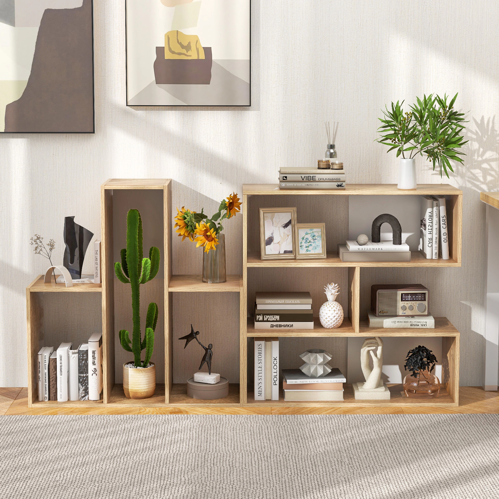 SUGIFT 3-Shelf Natural 33-in Open Convex Bookshelf Display Organizer with Anti-Toppling Device and 88-lb Top