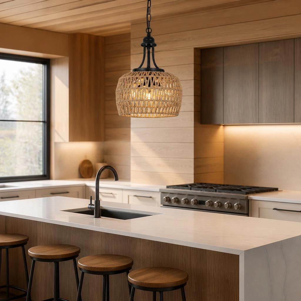 ELEMENT ACE Natural Rattan Metal Flush Mount Ceiling Light