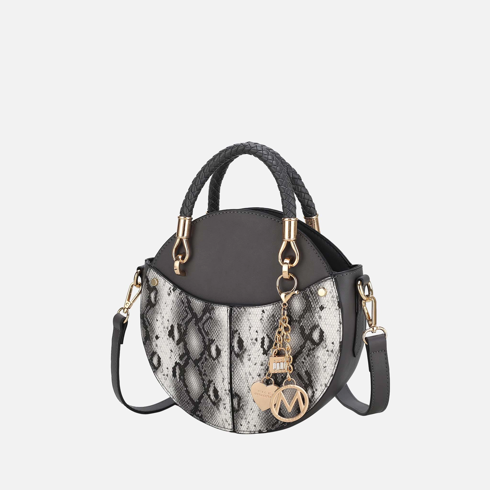 MKF Collection Camille Round Crossbody Bag - Snake Embossed Vegan Leather, Charcoal