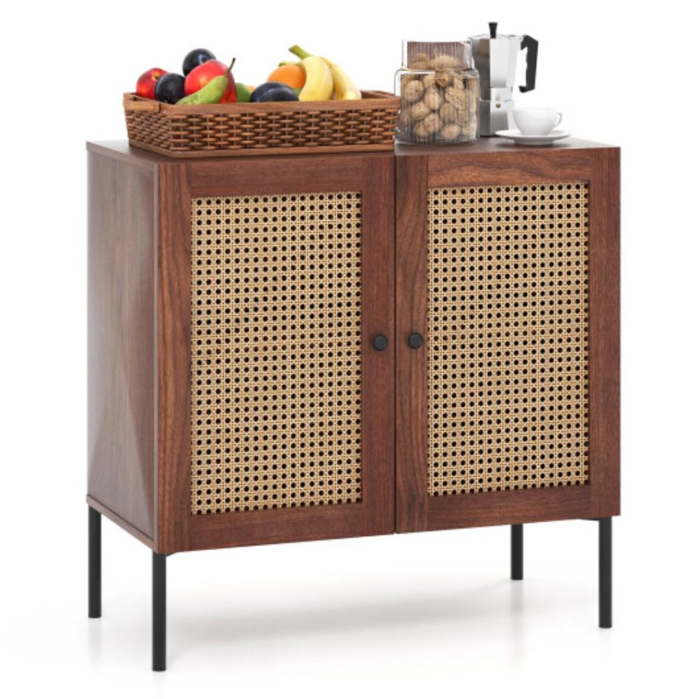 Hivvago Kitchen Sideboard With 2 Rattan Doors And Adjustable Shelf