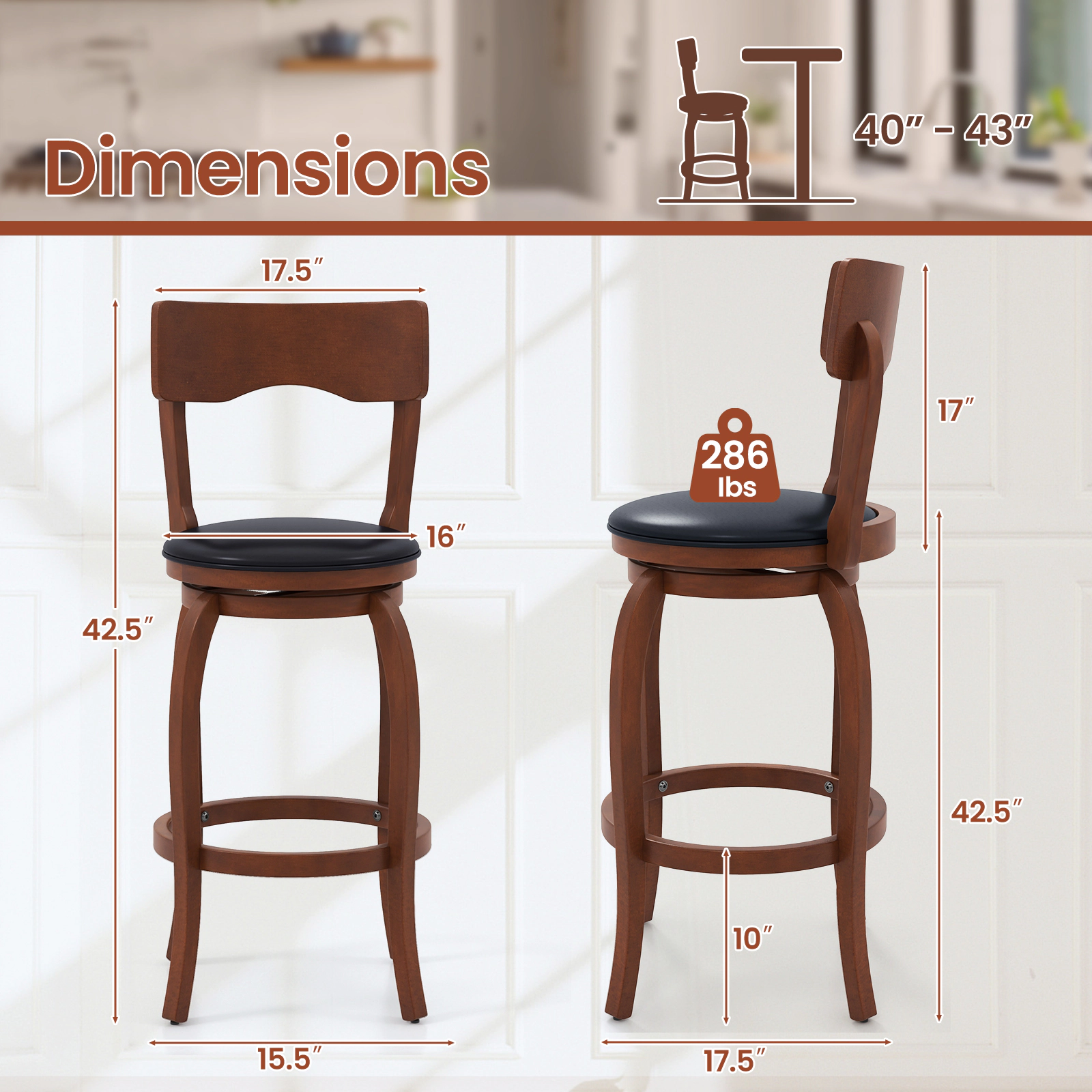 SUGIFT Set of 2 Rubber Wood Frame and PVC Seat 29.5-in Seat H Swivel 280-lb Rated Bar Stools Brown