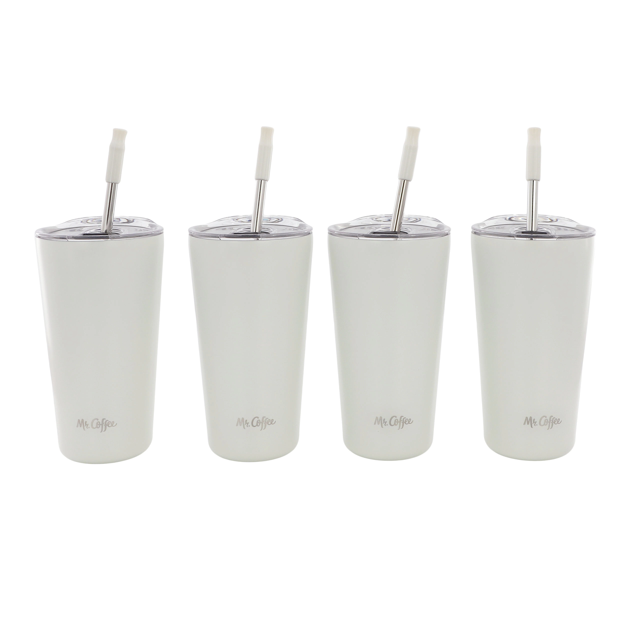 Mr. Coffee Java Quest 4-Piece Set 16 Ounce Double Wall Stainless Steel Tumbler in White with Stainless Steel Straw