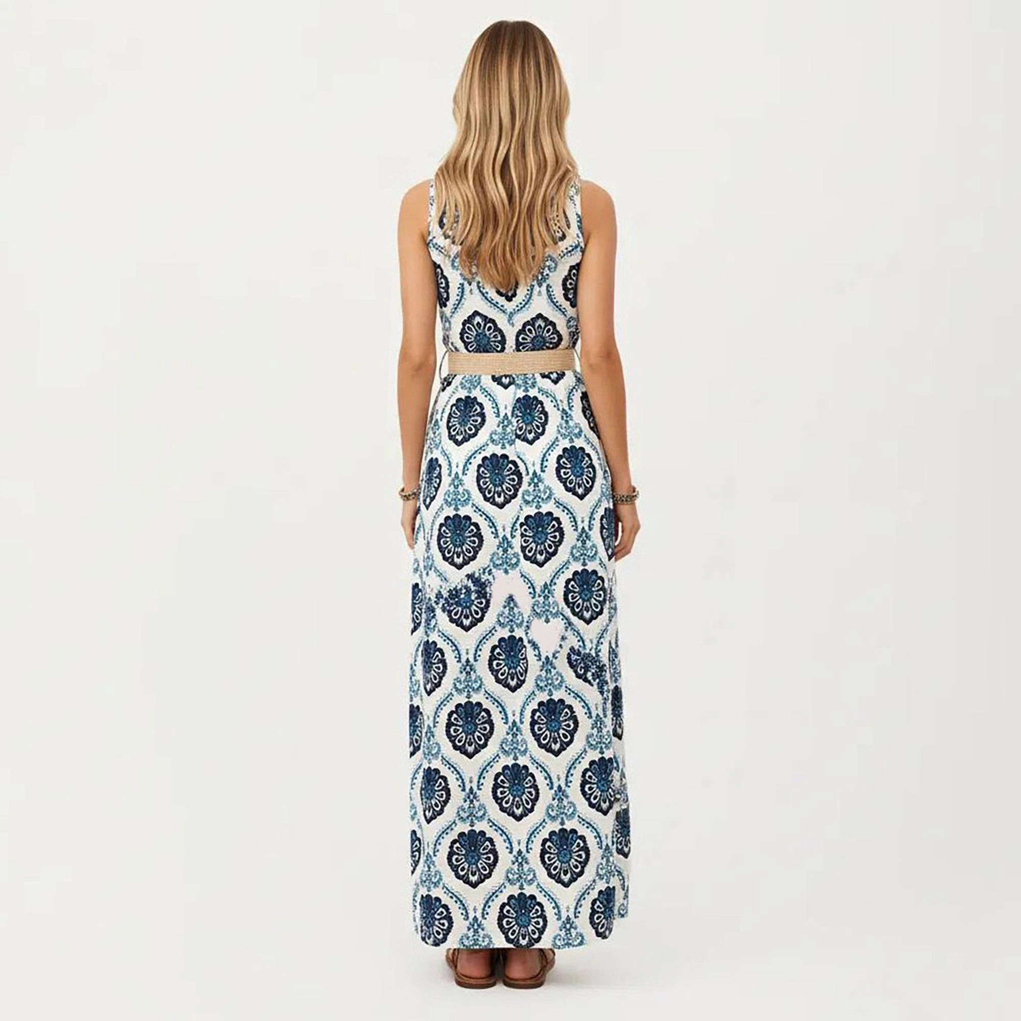 Anna-Kaci Women's Sleeveless Medallion Pattern Belted Waist Front Slit Maxi Dress