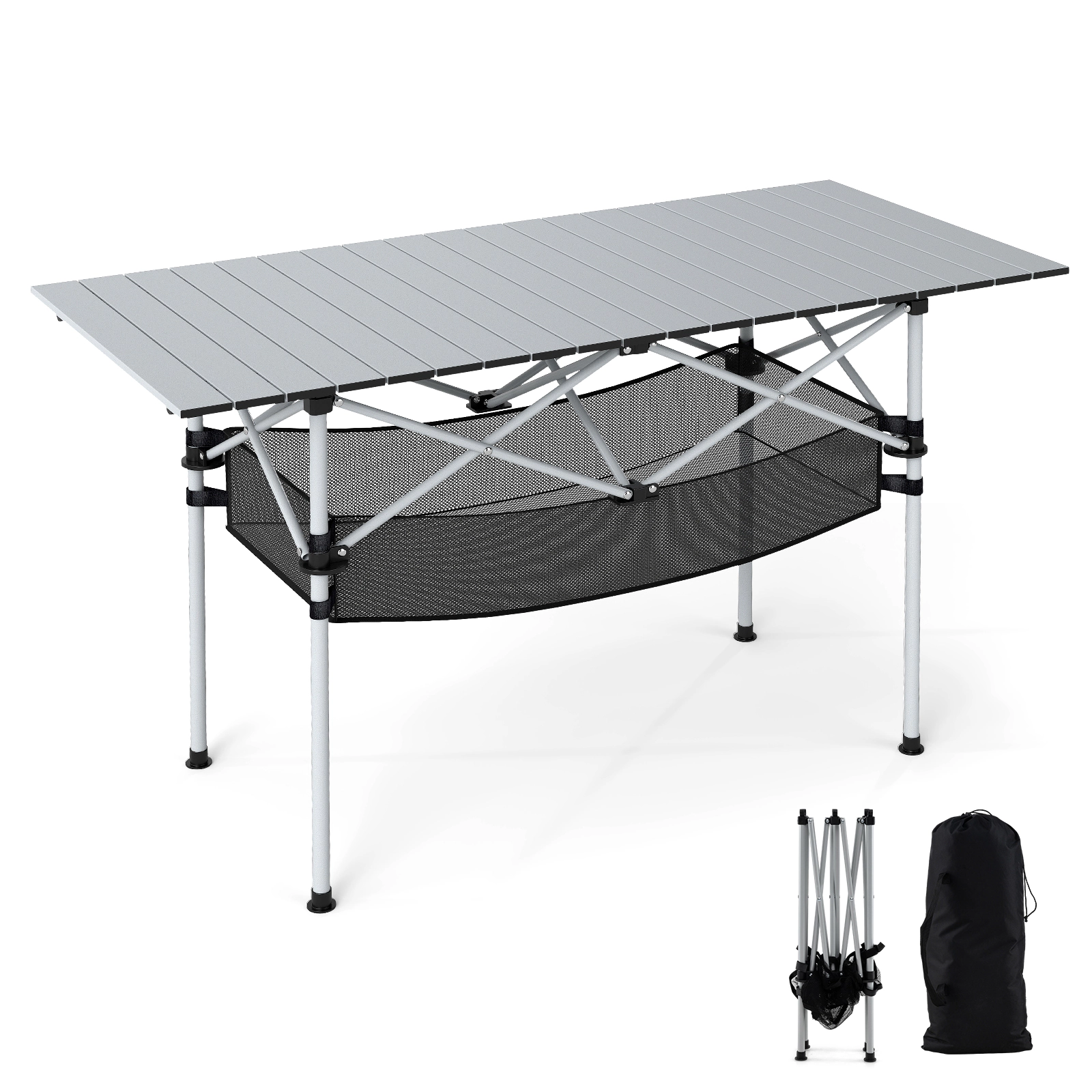 SUGIFT 47 x 22 in Folding Aluminum Camping Table with Roll-up Tabletop and Mesh Basket 220-lb Capacity Black/Silver