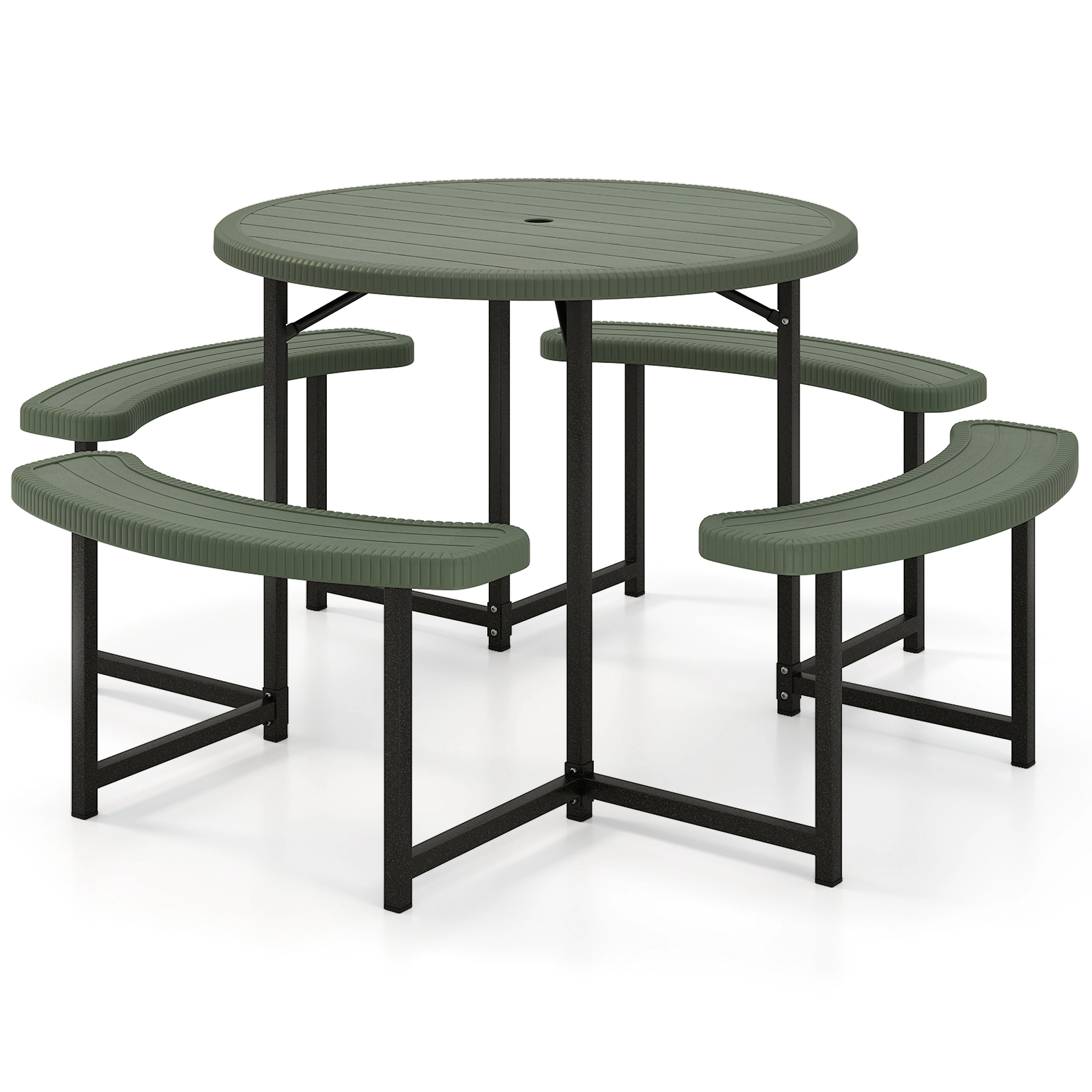 SUGIFT Round Picnic Table Set Green 37 in with 4 Curved Benches and Umbrella Hole