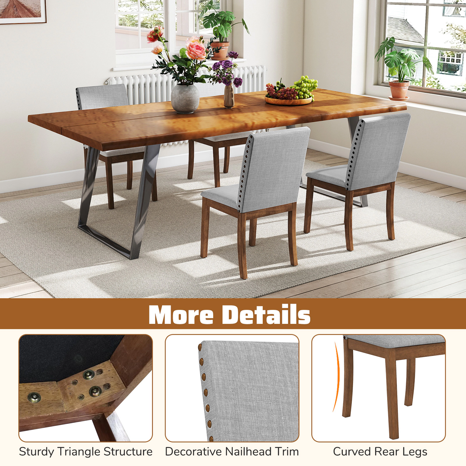 SUGIFT Set of 2 Upholstered Dining Chairs Nailhead Trim 400-Lb Capacity 23-in x 19-in x 36-in Frame Ash Gray + Walnut