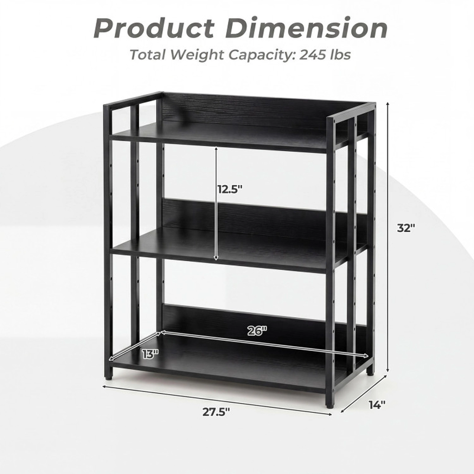 SUGIFT Black 3-Tier Corner Bookshelf with Adjustable Shelves and Anti-Toppling Device