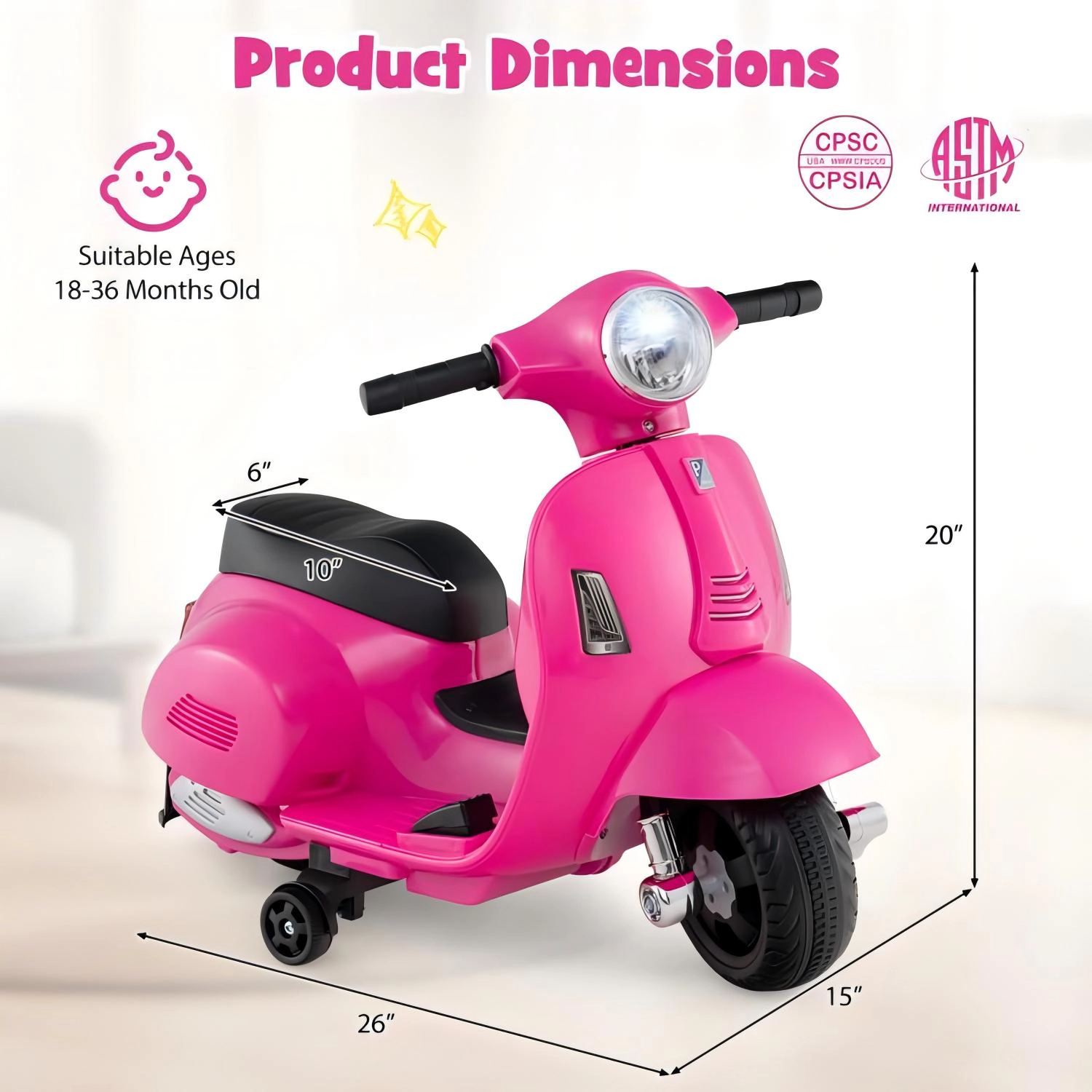SUGIFT Toddler Pink 6V Ride On Motorcycle with LED Headlight and Training Wheels 26-in W 55-lb Rider Capacity